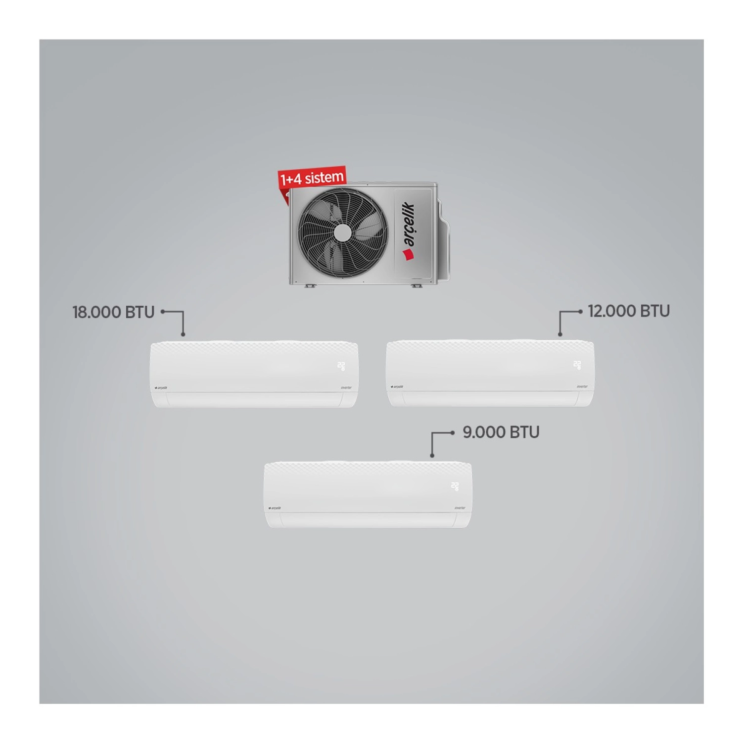 Arçelik A++ 18000 Btu + 12000 Btu + 9000 Btu İç Ünite (1 Adet Dış Ünite = 3 Adet İç Ünite) 24000 Btu 1+3 Multi inverter Klima ürün görseli