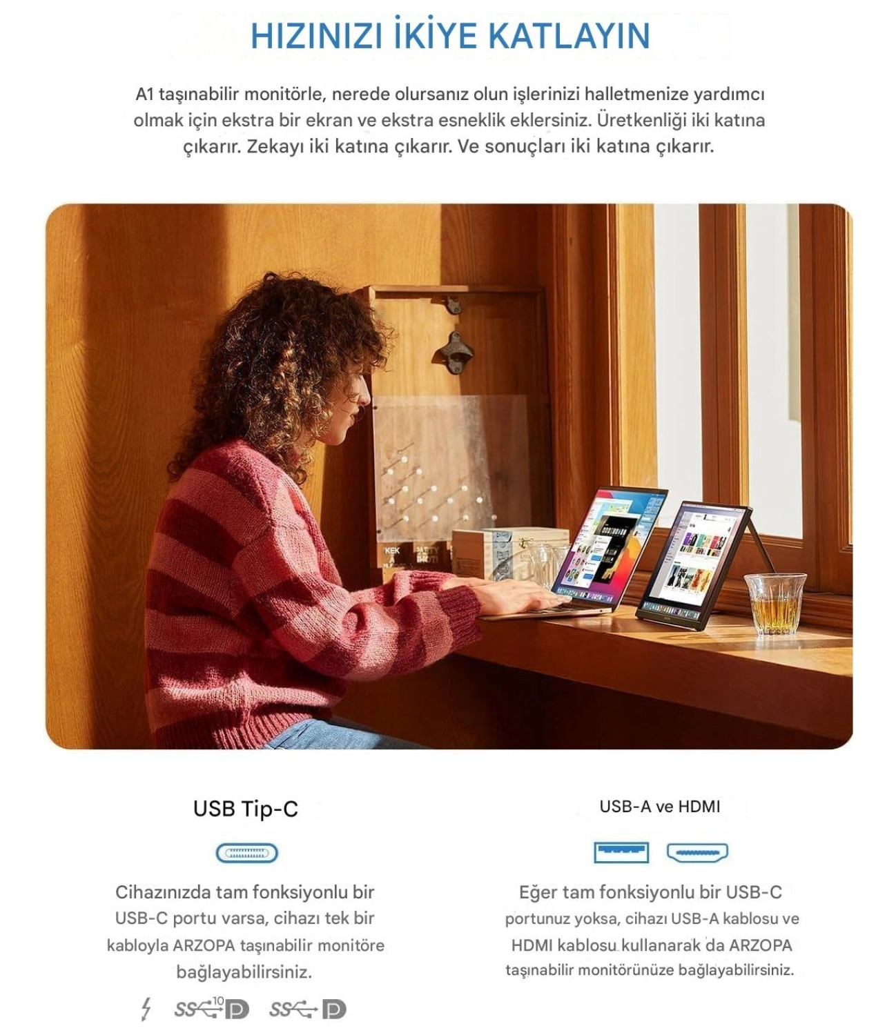 Arzopa A1 15.6" 25 Ms 60Hz Full Hd Ips Ultra Ince Taşınabilir Monitör - Görsel 5