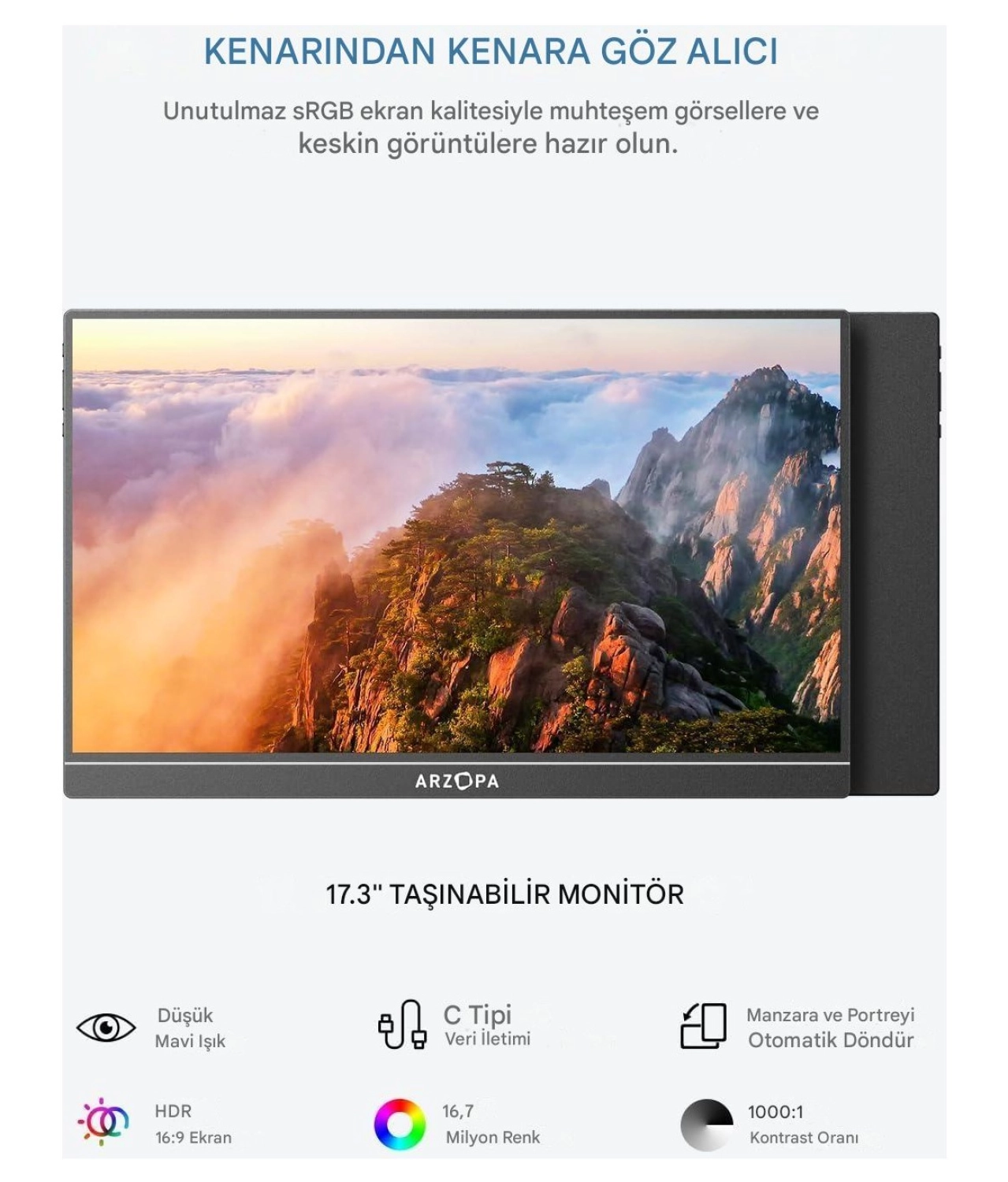 Arzopa A1M 17.3" 9 Ms 60Hz Full Hd Ips Ultra Ince Taşınabilir Monitör - Görsel 2