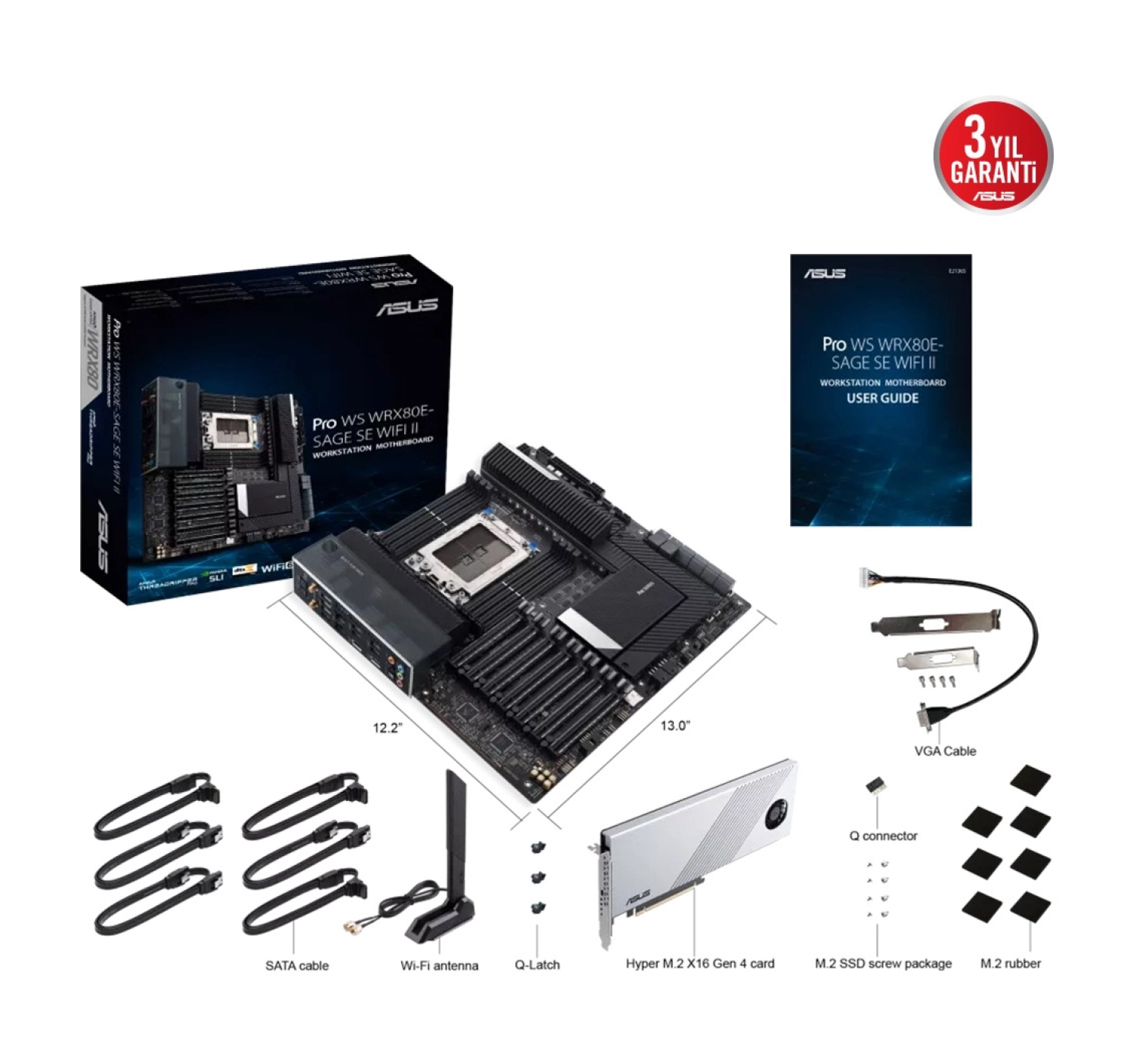 Asus Pro Ws Wrx80E-Sage Se Wıfı Iı Amd Wrx80 Swrx8 Ddr4 4400 3X M2 Usb3.2 Wifi 6E + Bt 2 X 10Gbit Lan Eatx (Pro Ws Wrx80E-Sage Se Wıfı Iı) Anakart - Görsel 3