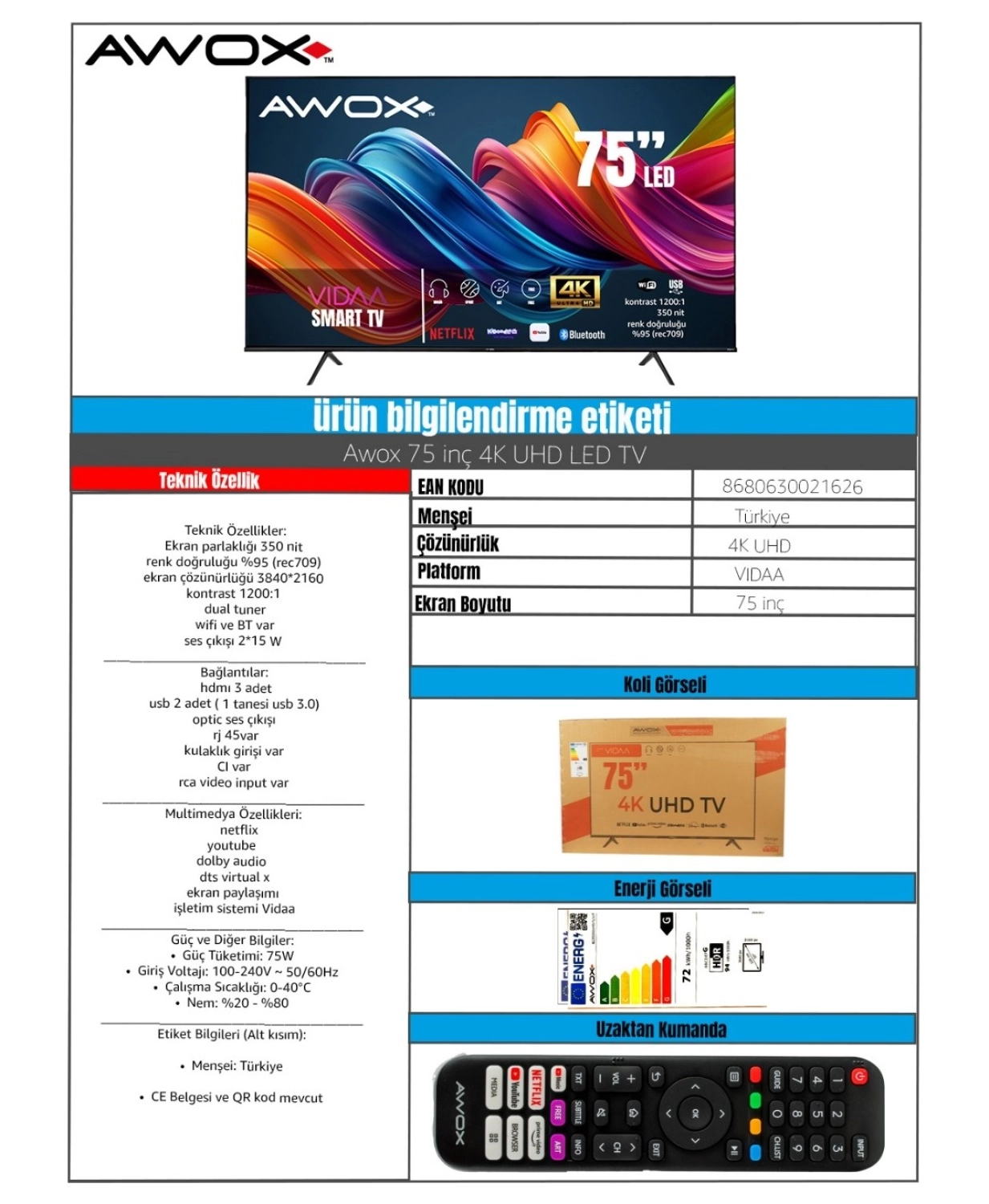 Awox B227500 75" 189 Ekran Uydu Alıcılı 4K Ultra Hd Smart Vi̇daa Led Tv - Görsel 2