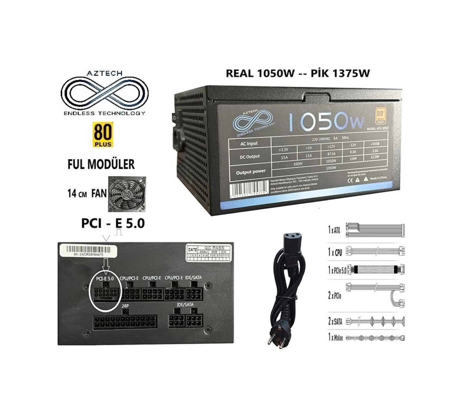 Aztech Atx 1050 1050W 14 Cm Fan 80 Plus Copper Tam Modüler Psu ürün görseli