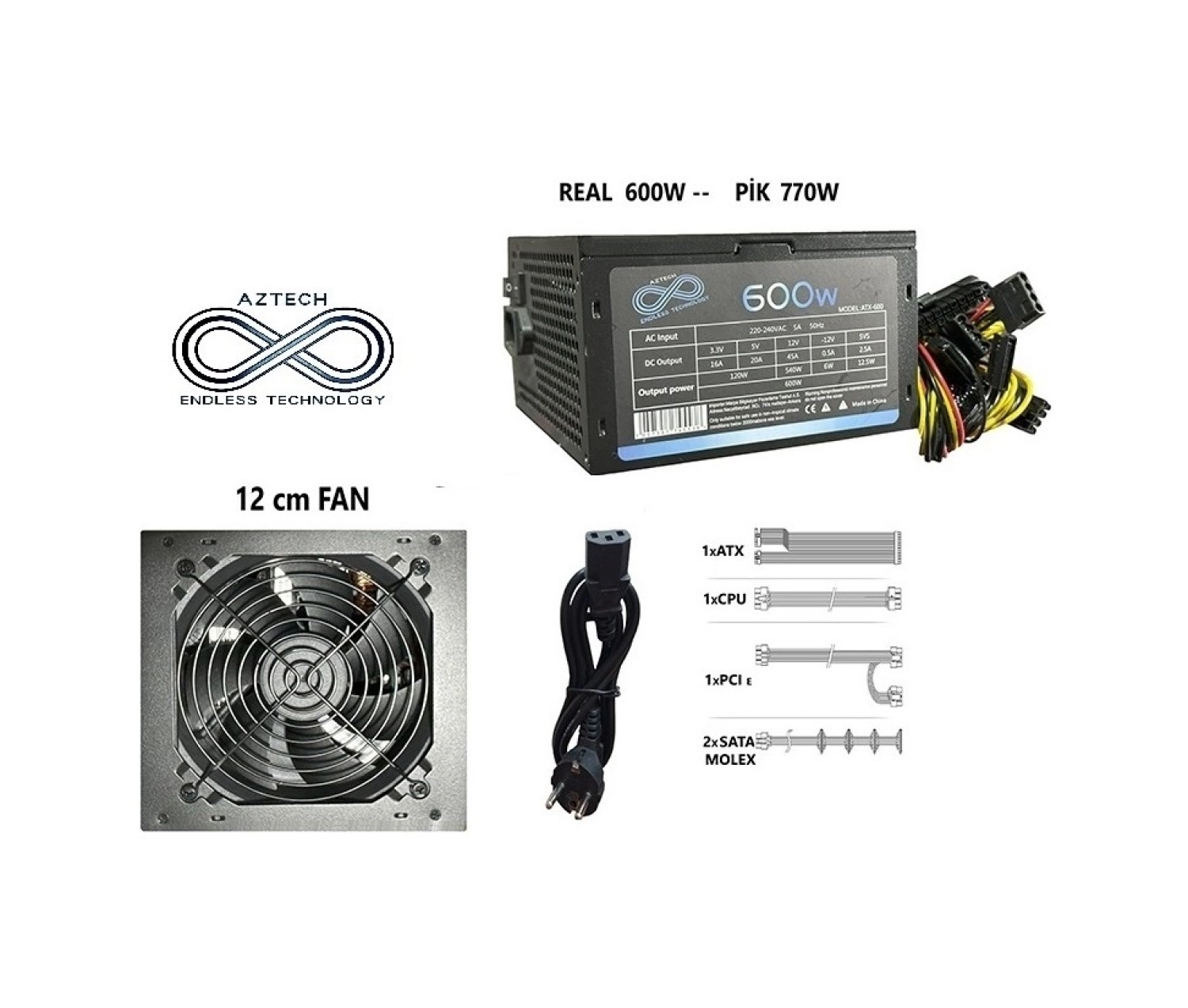 Aztech Atx 600 600W 12 Cm Fan Atx Power Supply ürün görseli