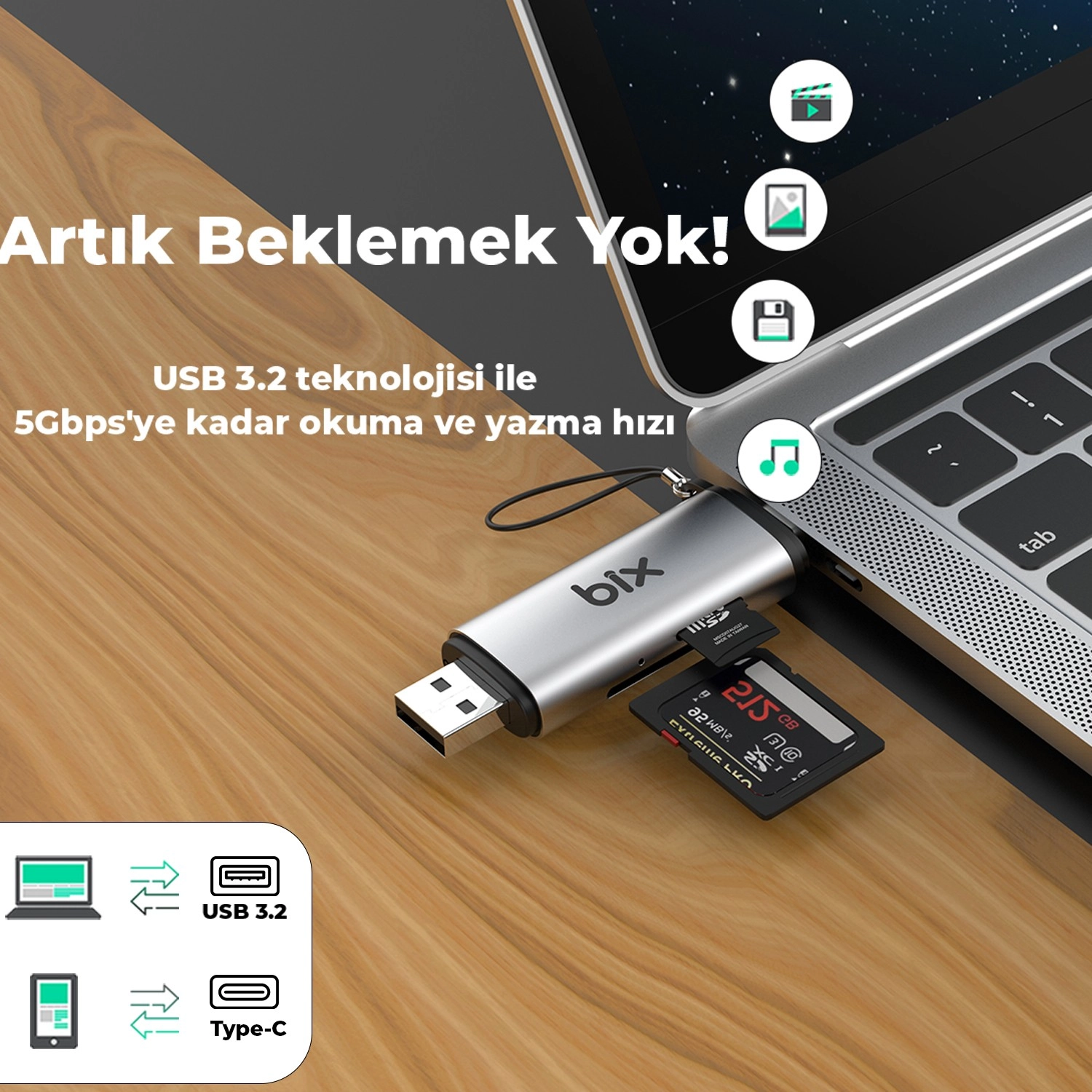 Bix Adp-11 Type-C Ve Usb 3.2 Sd Ve Micro Sd Otg Hafıza Kartı Okuyucu - Görsel 4
