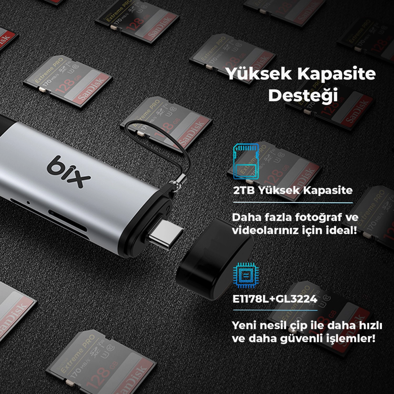 Bix Adp-11 Type-C Ve Usb 3.2 Sd Ve Micro Sd Otg Hafıza Kartı Okuyucu - Görsel 5