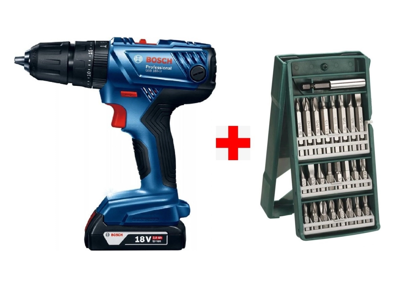 Bosch Gsb 180-Li 18V 2Ah Darbeli Akülü Vidalama Şarjlı Matkap + 25 Parça Vidalama Ucu Seti ürün görseli