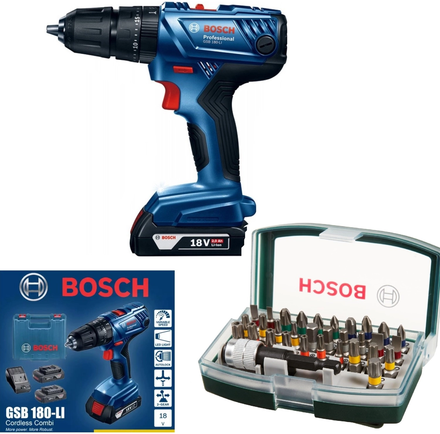 Bosch Gsb 180-Li̇ 18V 2Ah Darbeli Akülü Vidalama Şarjlı Matkap + 32 Parça Vidalama Ucu Seti ürün görseli