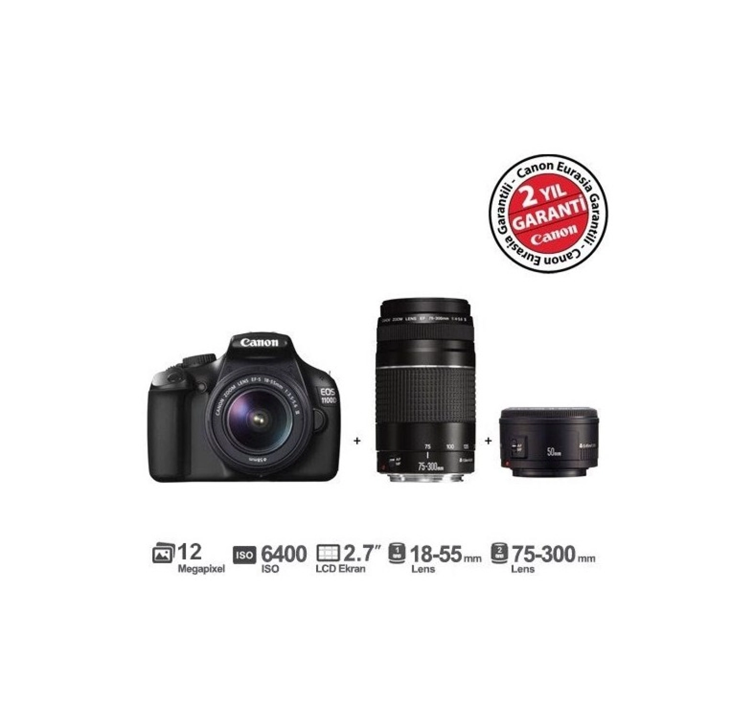 Canon Eos 1100D 18-55Mm + 75-300Mm + Ef 50 Mm F/1,8 Ii 12Mp 2.7" Lcd Dslr Dijital Fotoğraf Makinesi ürün görseli