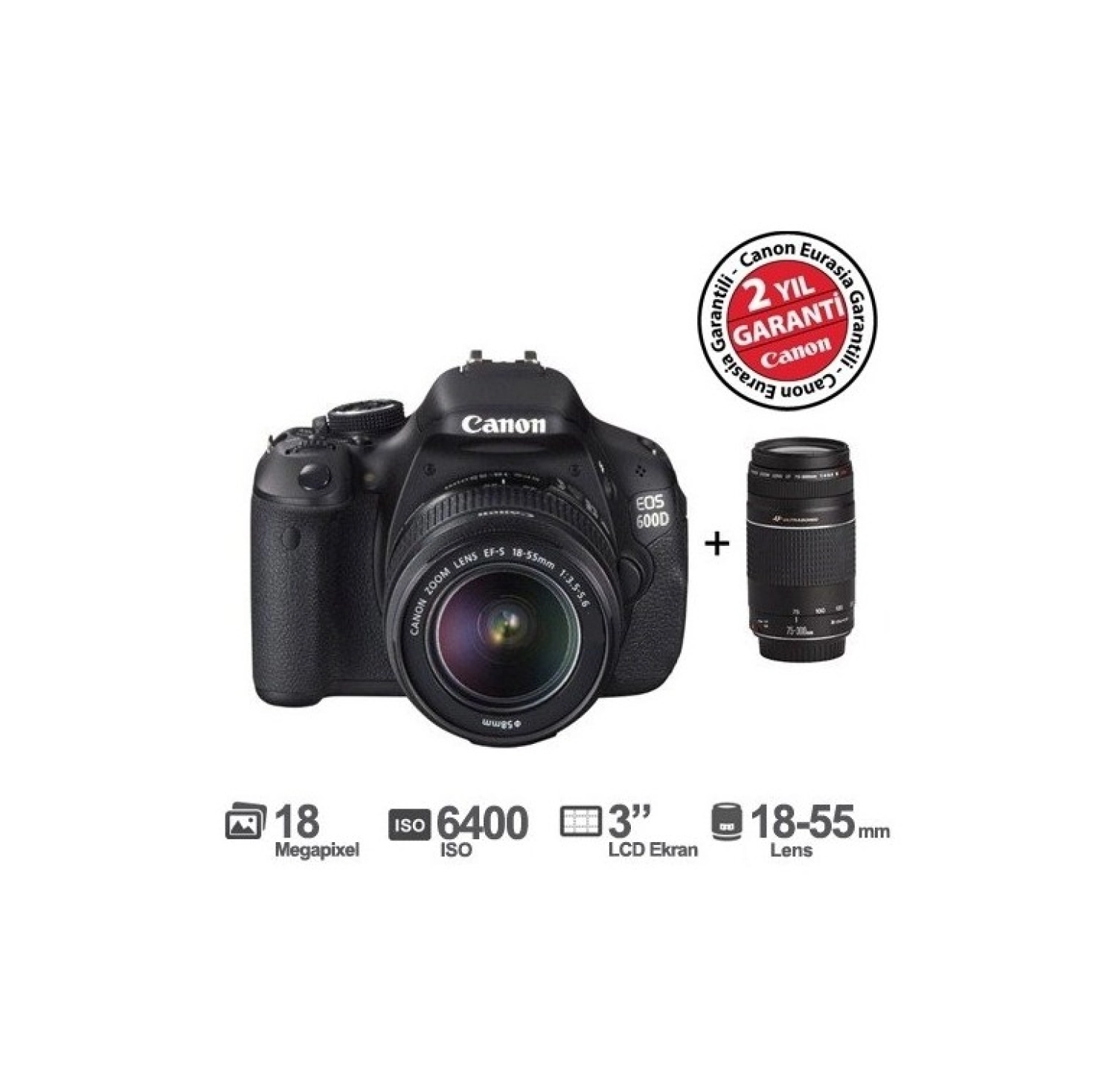 Canon Eos 600D 18-55 + 75-300 Mm Dc 18 Mp 3.0" Slr Dijital Fotoğraf Makinesi ürün görseli