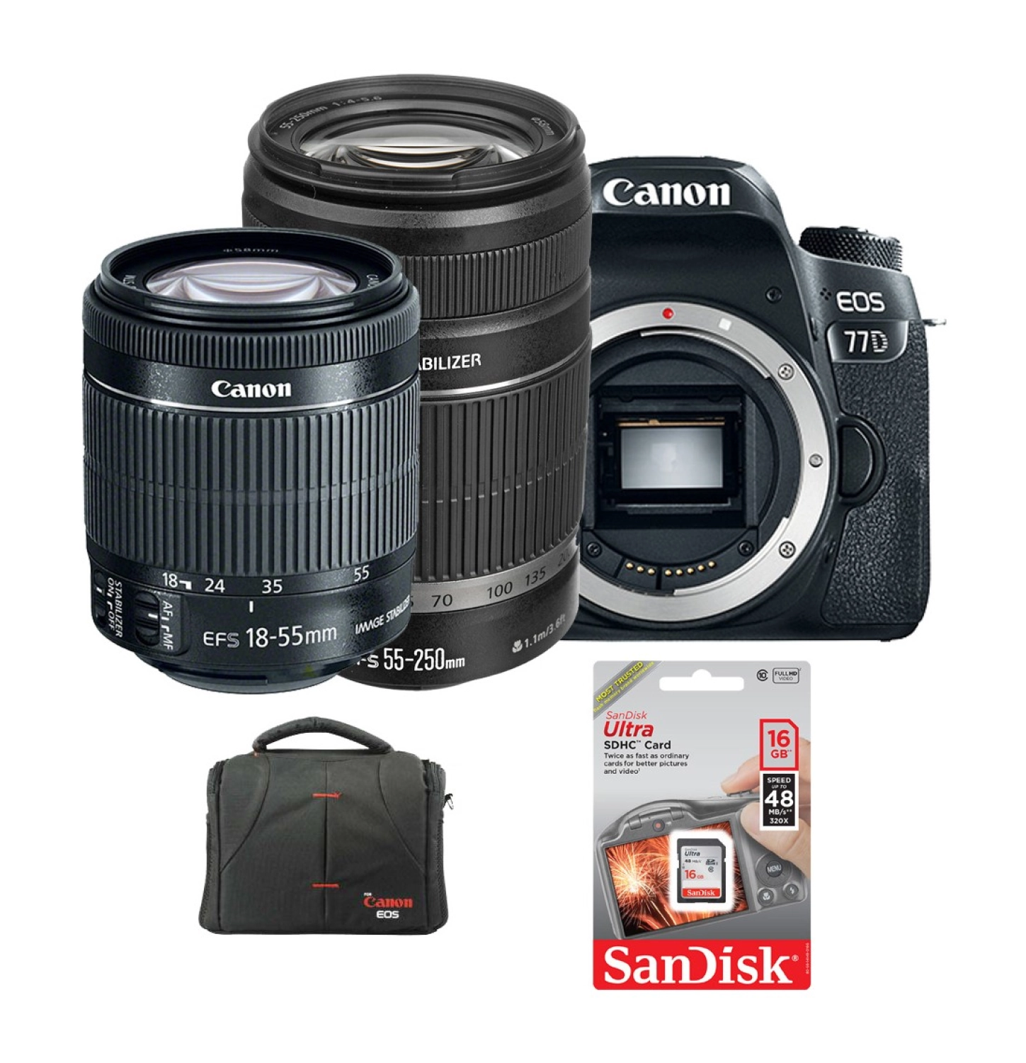 Canon Eos 77D + 18-55Mm + 55-250Mm + Hafıza Kartı + Çanta ürün görseli