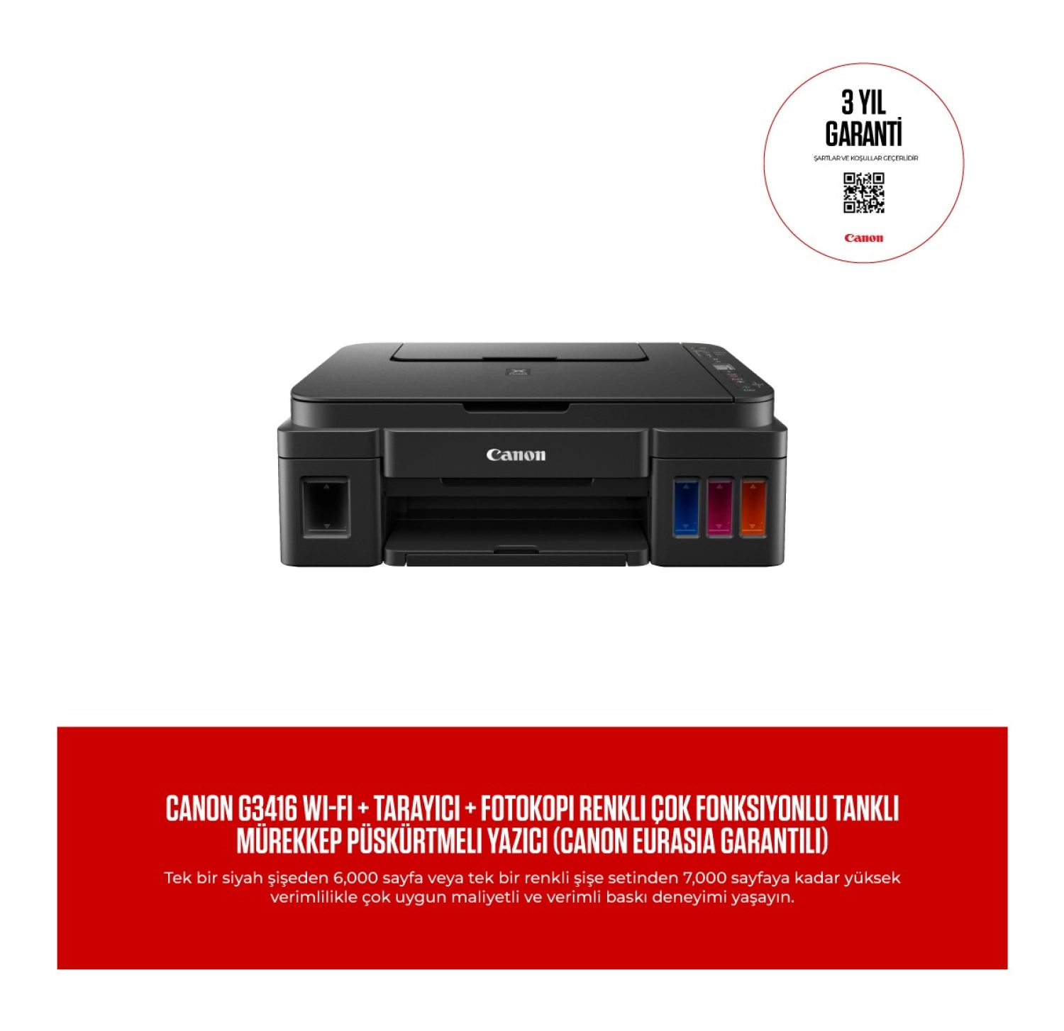 Canon G3416 Wi-Fi + Tarayıcı + Fotokopi Renkli Çok Fonksiyonlu Tanklı Mürekkep Püskürtmeli Yazıcı ürün görseli