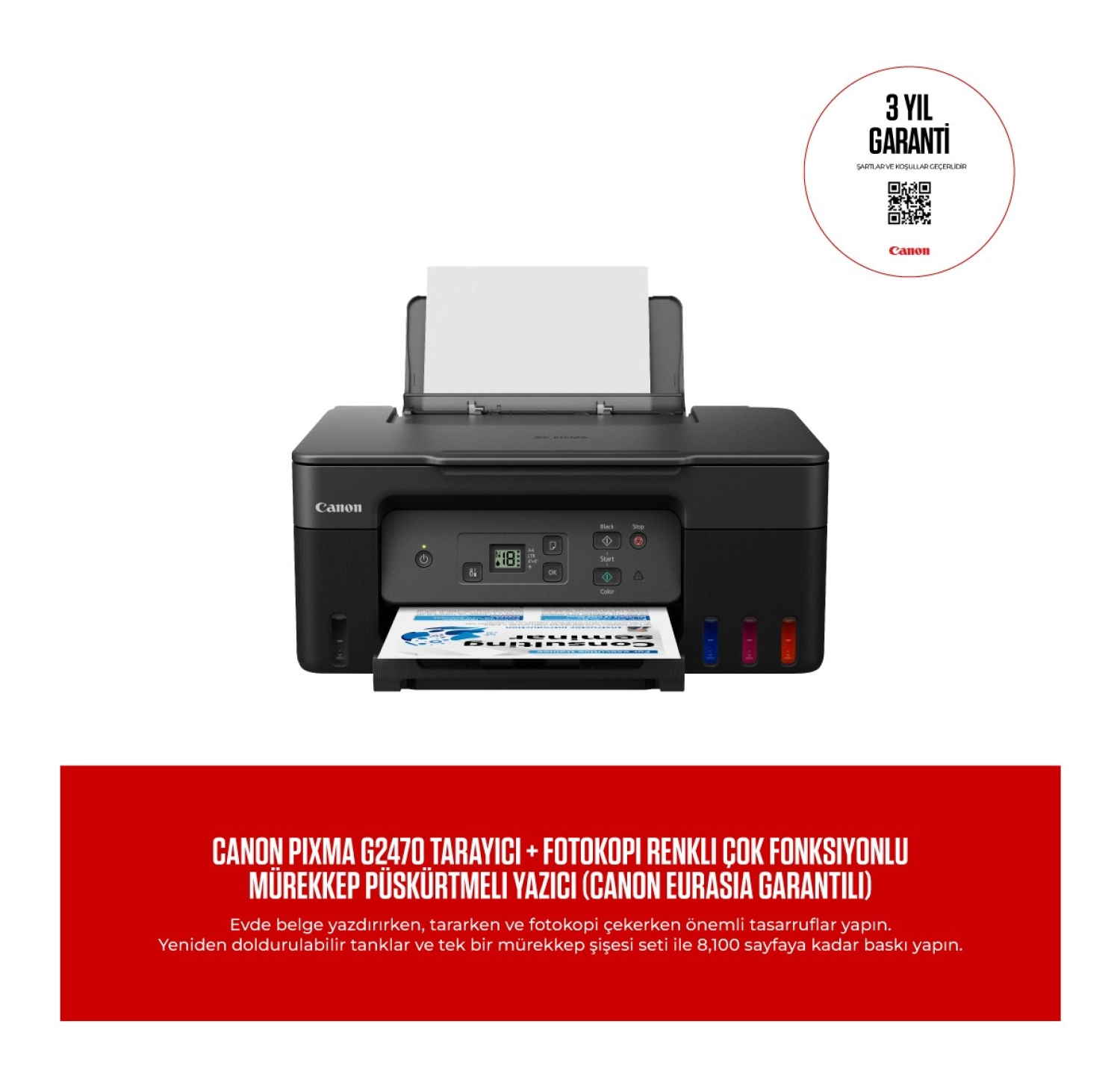 Canon Pixma G2470 Tarayıcı + Fotokopi Renkli Çok Fonksiyonlu Mürekkep Püskürtmeli Yazıcı ürün görseli