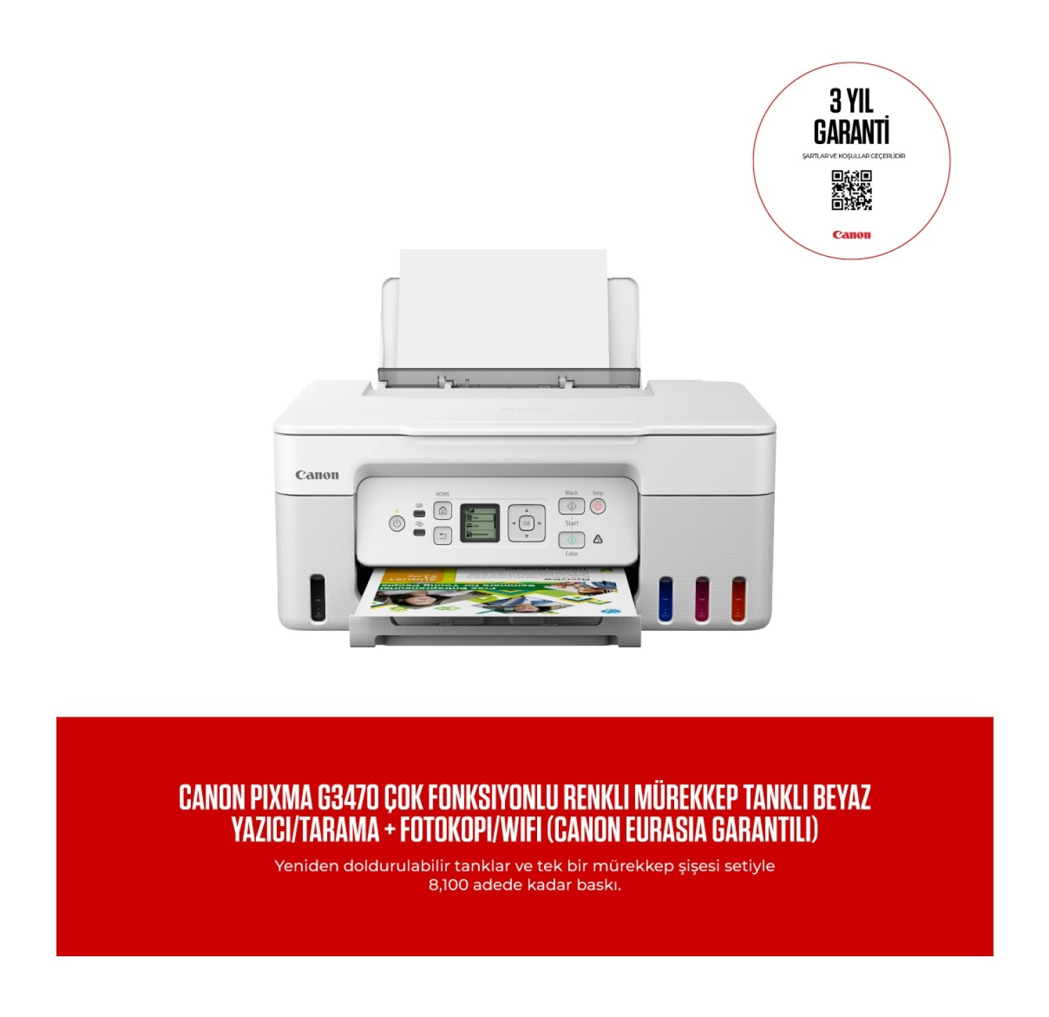 Canon Pixma G3470 Çok Fonksiyonlu Renkli Mürekkep Tanklı Beyaz Yazıcı/Tarama + Fotokopi/Wifi ürün görseli