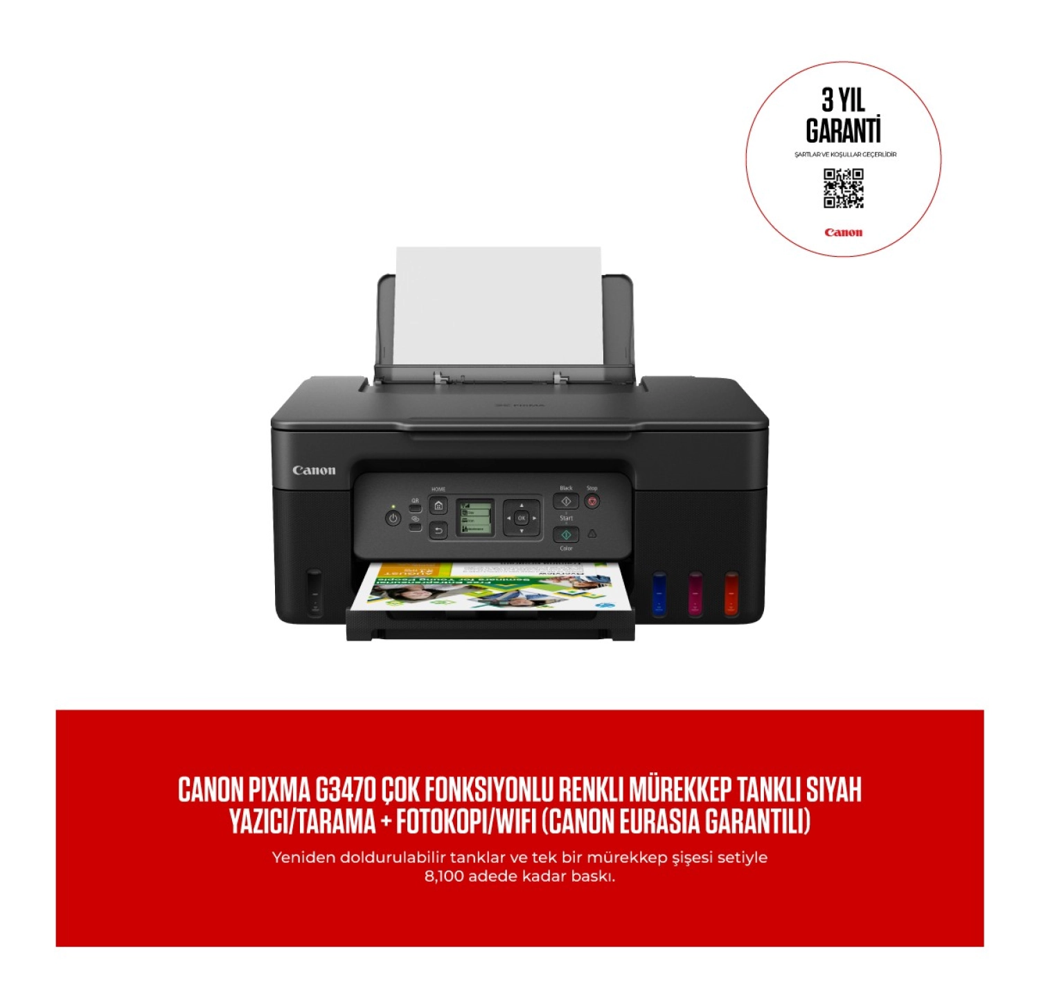 Canon Pixma G3470 Çok Fonksiyonlu Renkli Mürekkep Tanklı Siyah Yazıcı/Tarama + Fotokopi/Wifi ürün görseli