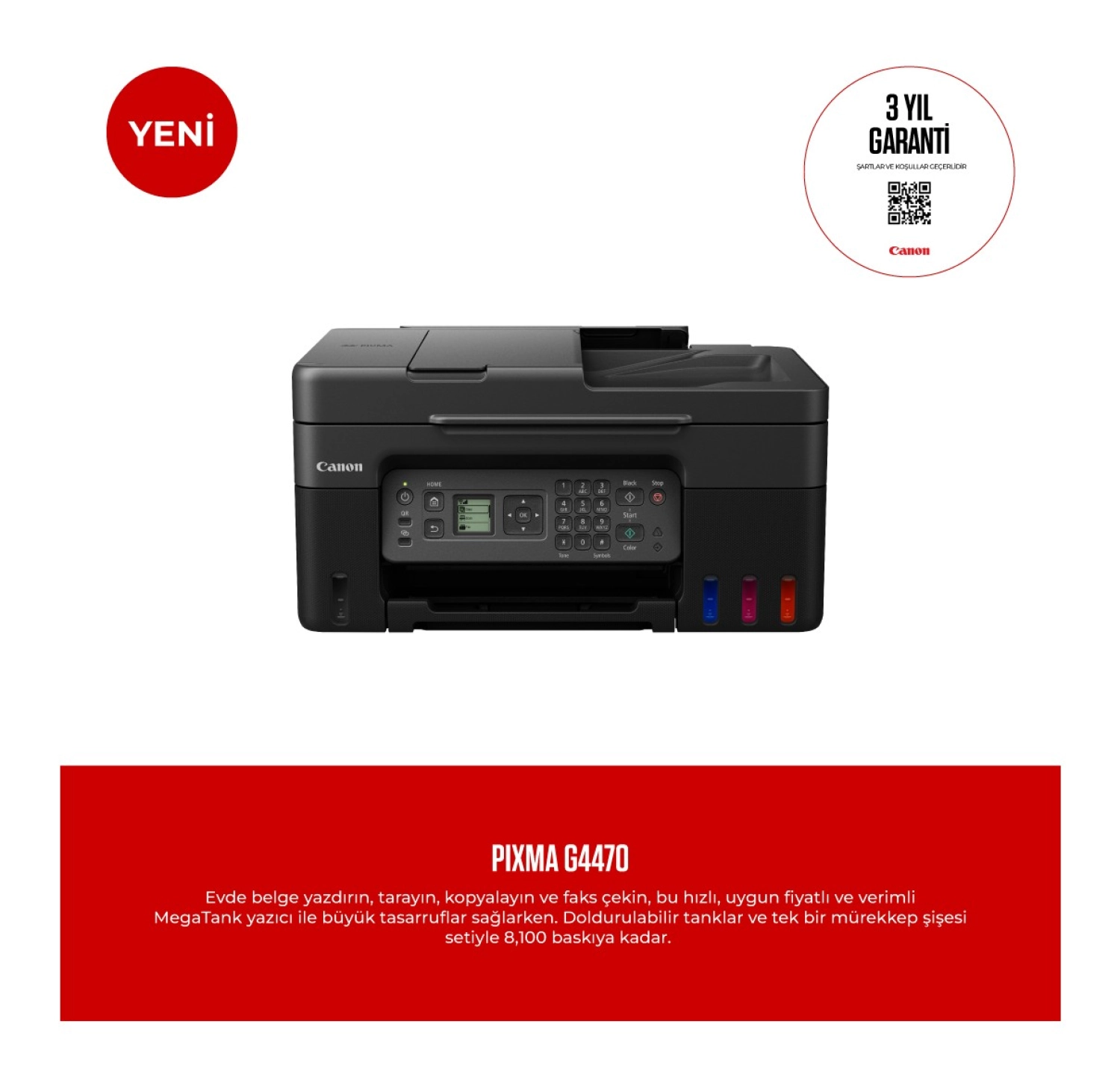 Canon Pixma G4470 Çok Fonksyonlu Renkli Mürekkep Tanklı Yazıcı/ Fotokopi + Tarama + Faks/ Wifi/ Airprint ürün görseli