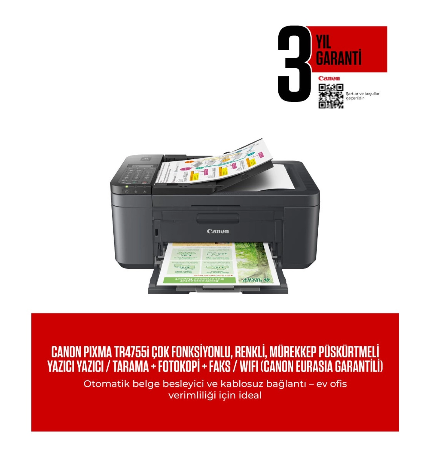 Canon Pixma Tr4755I Tarayıcı + Fotokopi + Wi-Fi + Faks + Çok Fonksiyonlu Yazıcı - Görsel 2