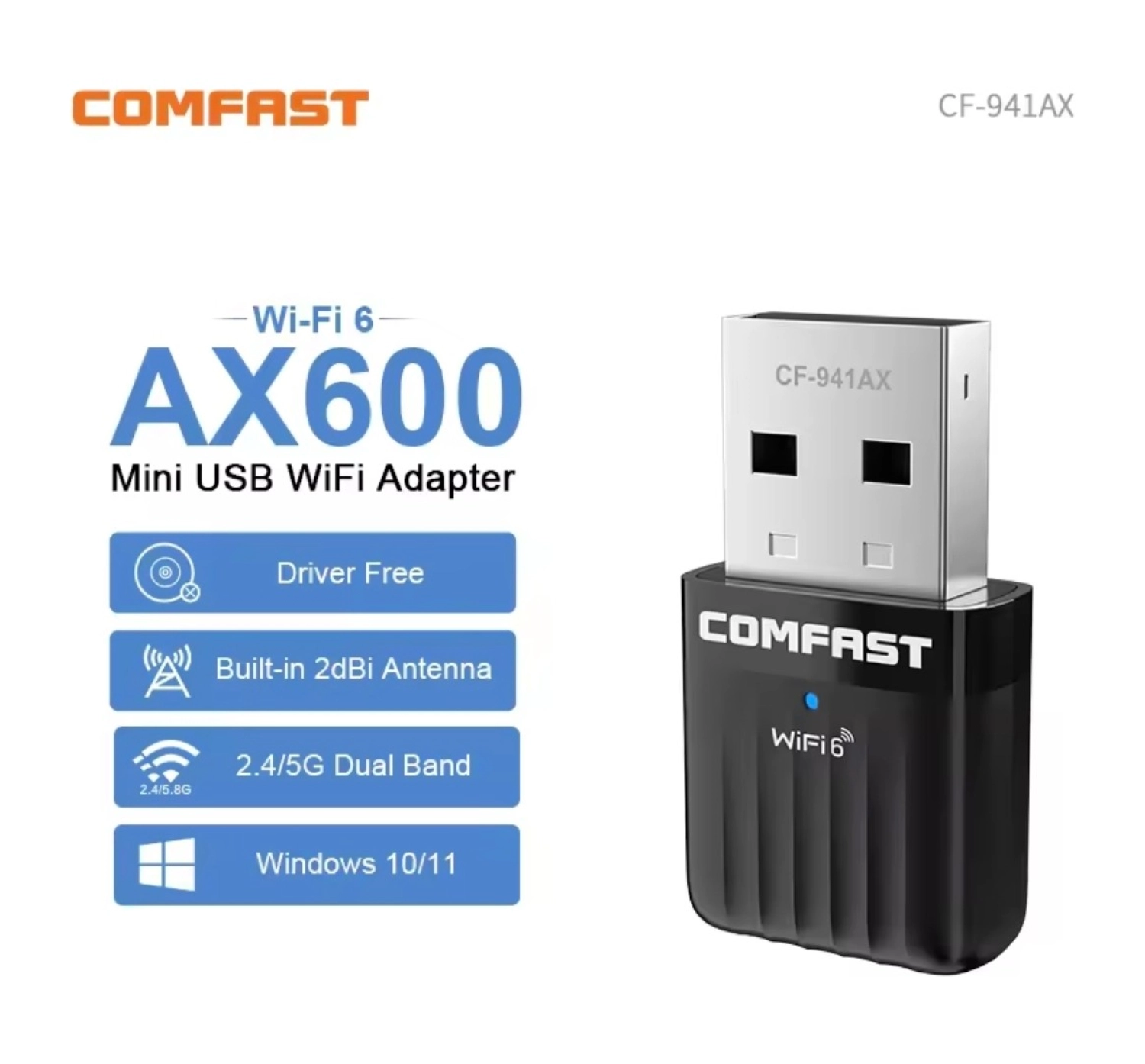 Comfast 941Ax Wifi-6 Mini Wifi Adaptörü Ce Sertifikalı Süper Hızlı Çift Bant 600Mbps/5Ghz/2.4Ghz ürün görseli