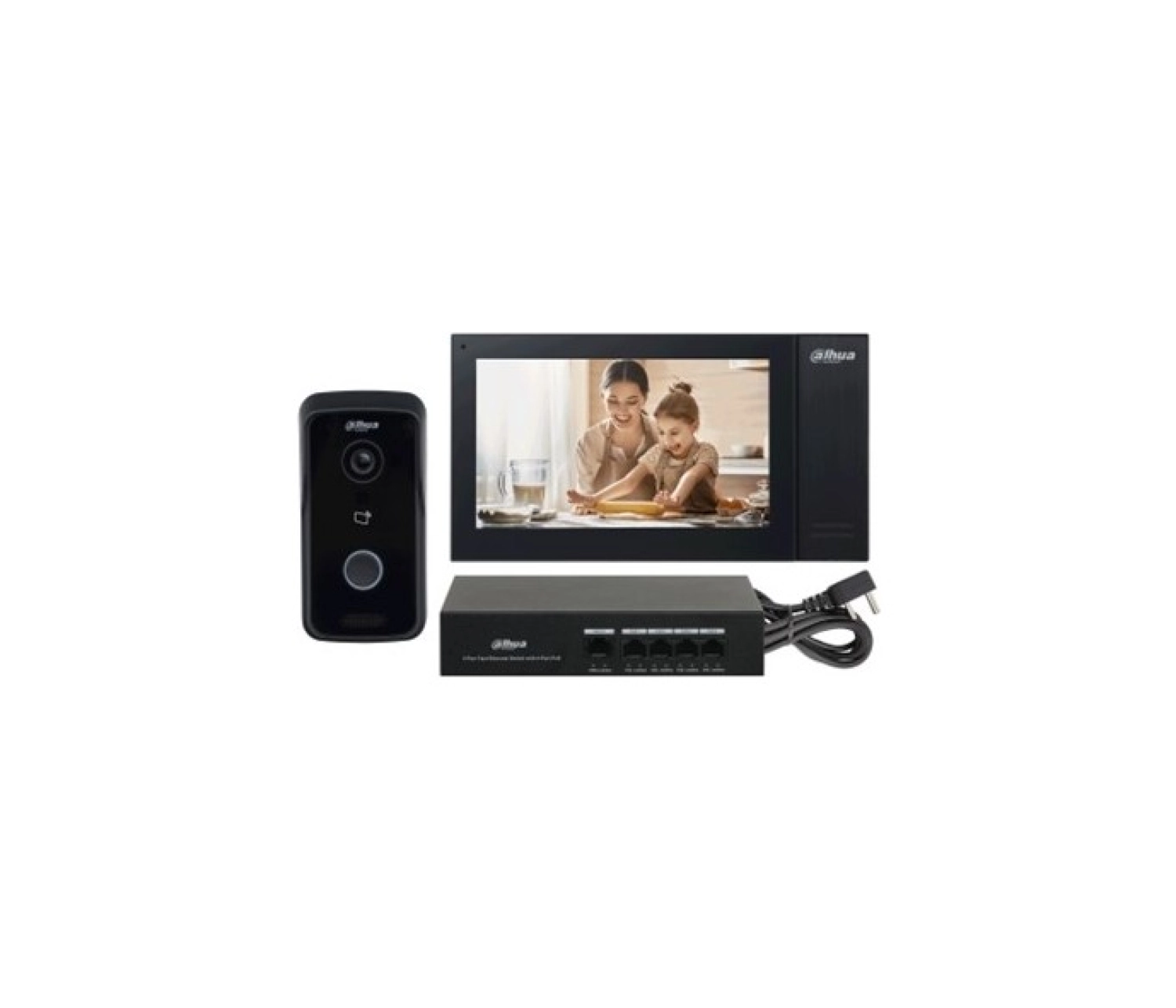 Dahua Ktp02 Kablolu (Cat6) 7 Tft Ekran Ve Kapı Paneli + 4 Port Switch Siyah Ip Villa Interkom Set ürün görseli