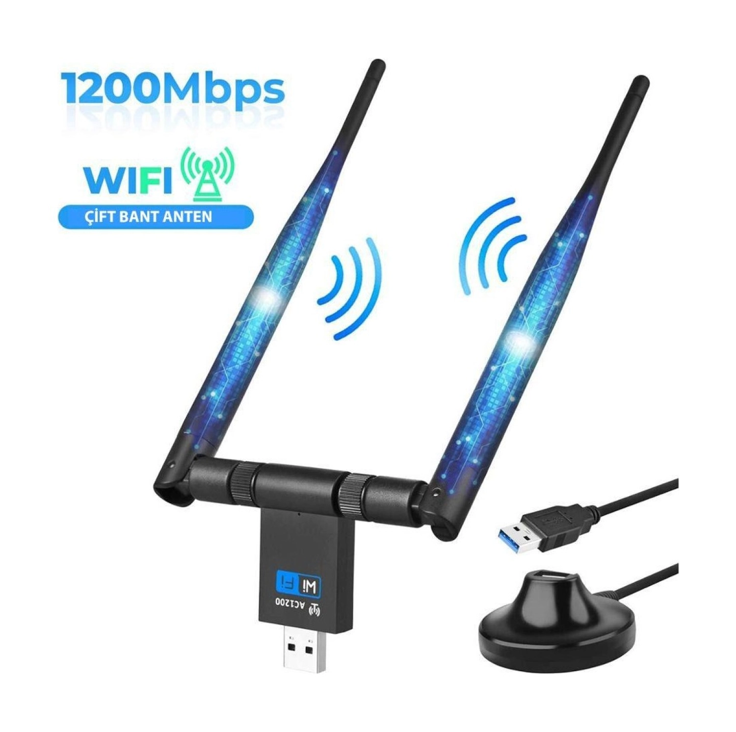 Dailytech Wifi Adaptör Kablosuz Çift Antenli 1200Mbps Usb 3.0 5G 2.4 Ghz - Görsel 2