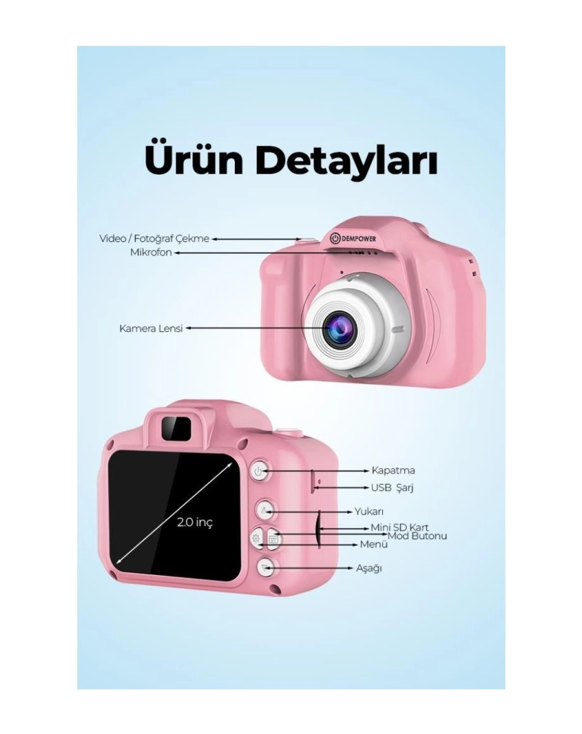 Dempower Çocuk Mini Dijital Fotoğraf Makinesi 1080P Hd Pembe - Görsel 3