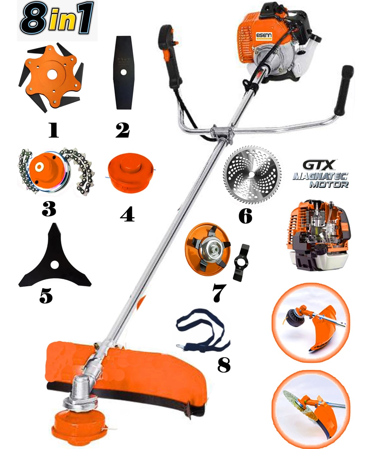 Eisenn Alman Jet-F30 Yan Tırpan 8 In 1 Full Set Hediyeli Benzinli Motorlu Ot Çalı Çim Biçme Makinesi - Görsel 2