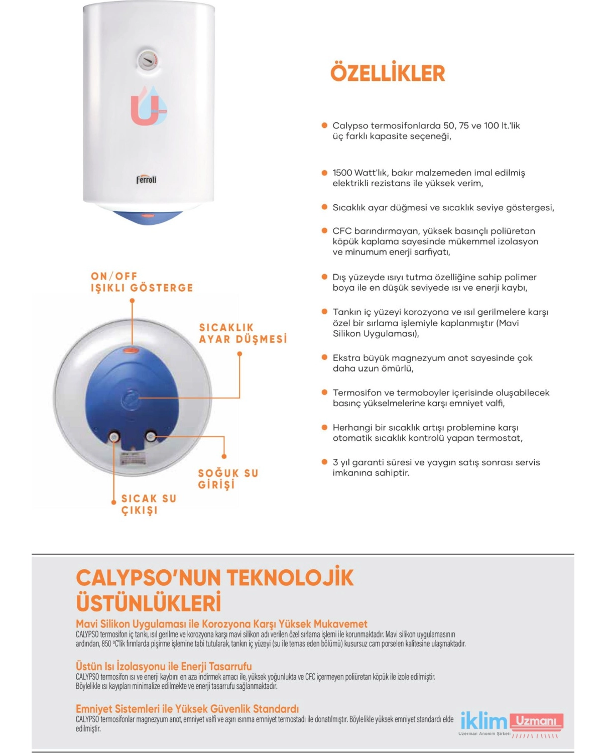Ferroli Calypso 80 2000 W 80 Lt Termosifon - Görsel 3