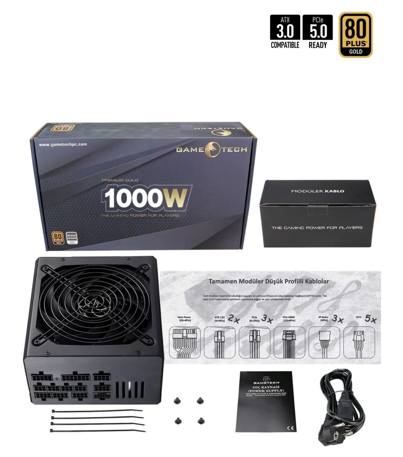 Gametech Gtp-1000 1000W 80+ Gold Full Moduler Pcı-E 5.0 Profesyonel Power Supply Pc Güç Kaynağı - Görsel 4