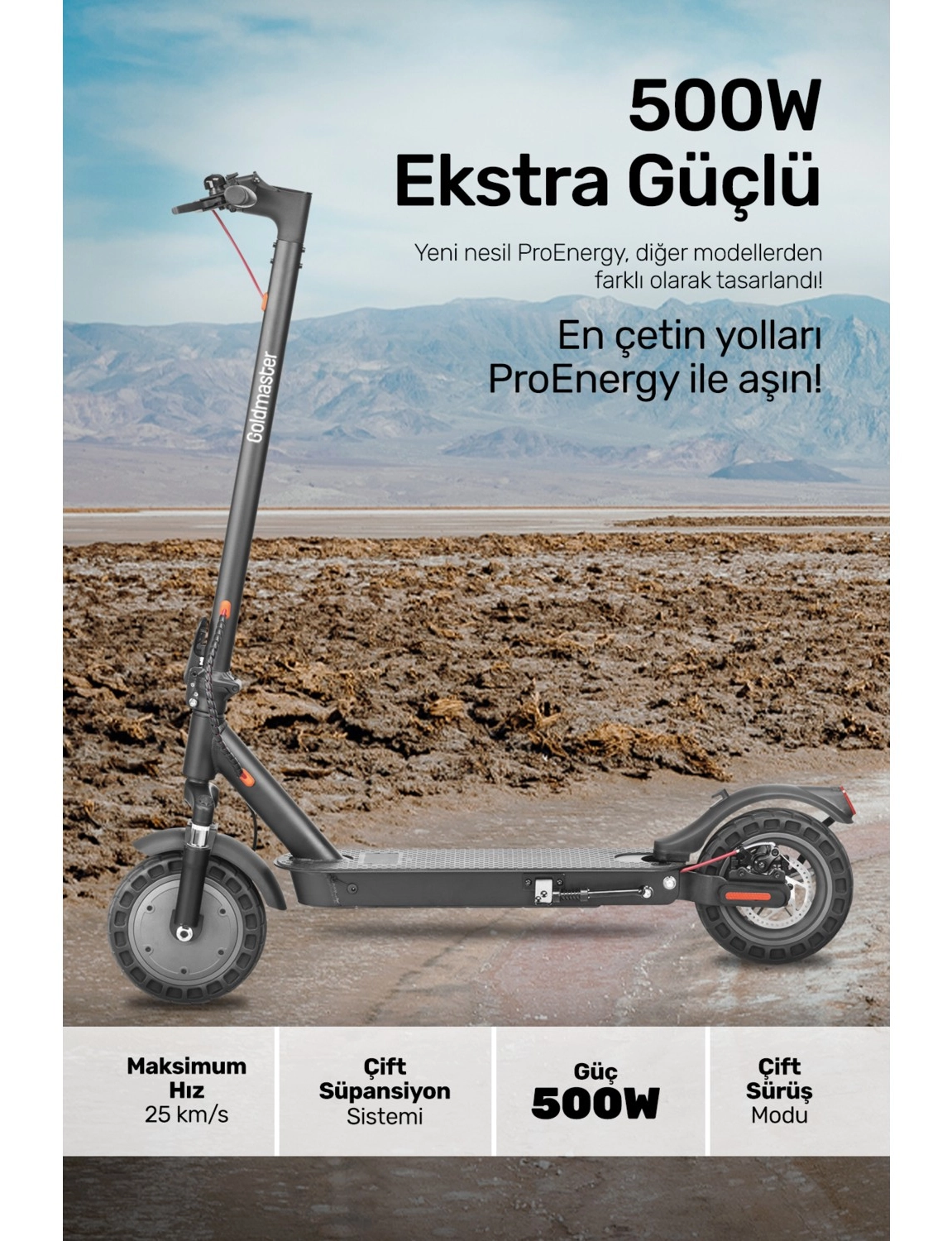Goldmaster Pro-Energy 500W Ön Arka Süspansiyon 10” Patlamaz Tekerlikli Elektrikli Scooter - Görsel 2