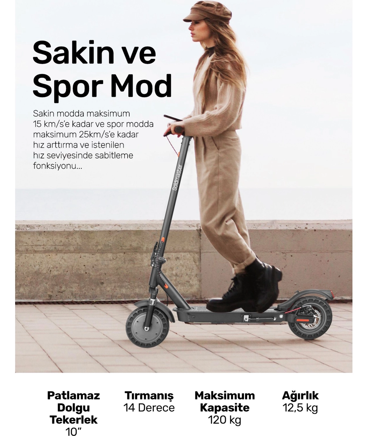 Goldmaster Pro-Energy 500W Ön Arka Süspansiyon 10” Patlamaz Tekerlikli Elektrikli Scooter - Görsel 4