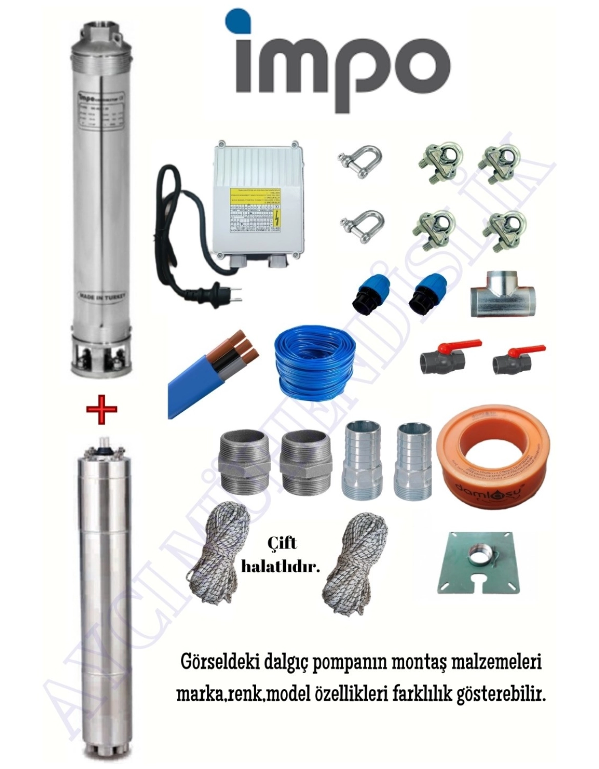 İmpo Sk 402/14 1Hp Krom Başlıklı 35 Mt Yassı Kablolu Ve Panolu 70 Mt Halatlı Çift Vanalı Akıtma Başlıklı Monofaze Takım Dalgıç Pompa ürün görseli