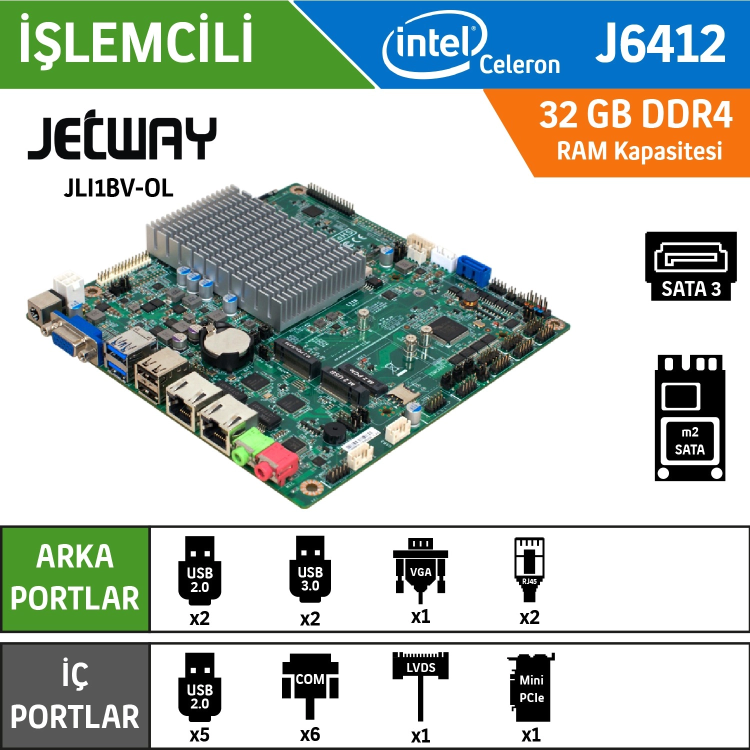 Jetway Ipc Jli1Bv-Ol J6412 Cpu, Ddr4 Up To 32Gb, 2* 2.5Gbe Anakart ürün görseli