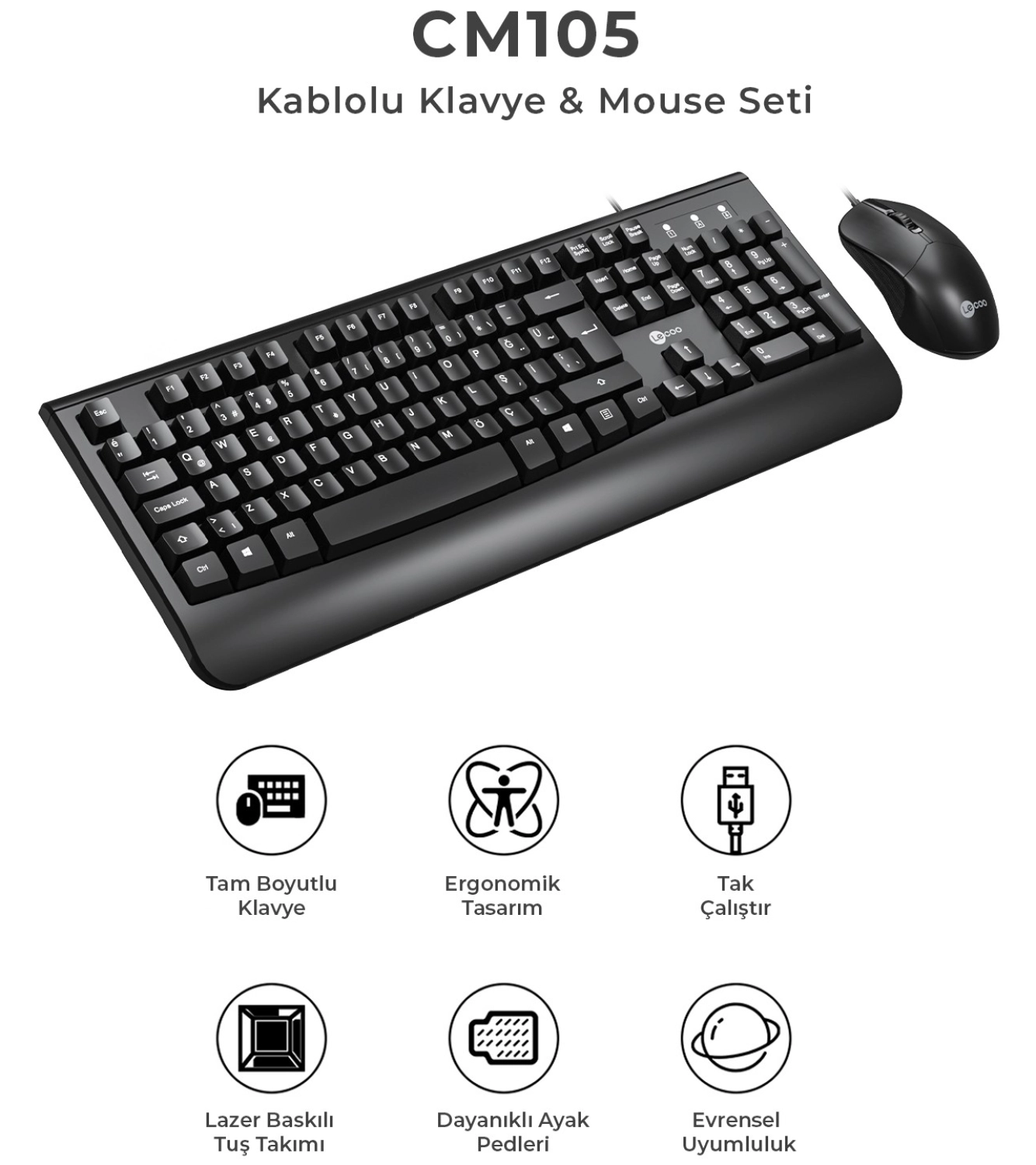Lecoo Cm105 Usb Kablolu Türkçe Q Klavye & Mouse Set Siyah - Görsel 7
