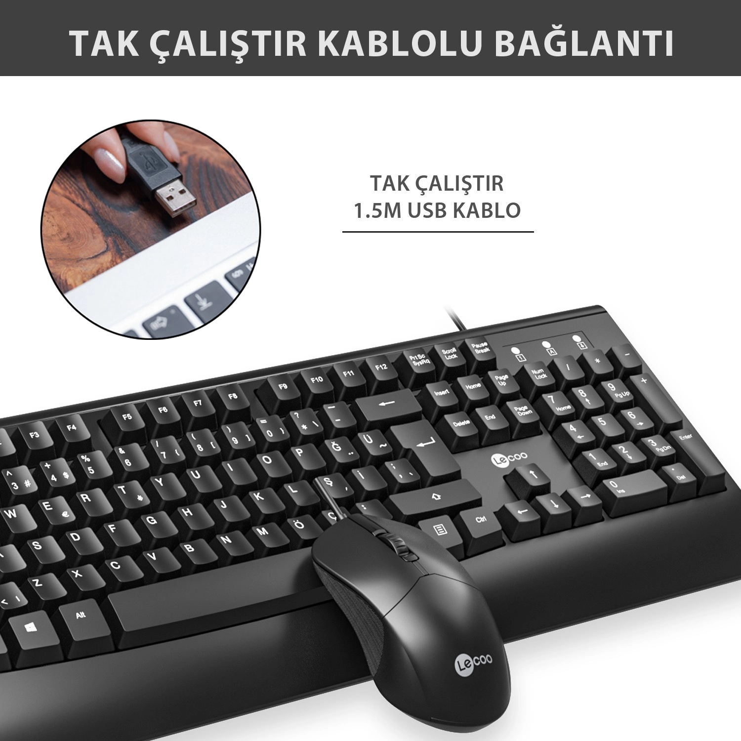 Lecoo Cm105 Usb Kablolu Türkçe Q Klavye & Mouse Set Siyah - Görsel 4