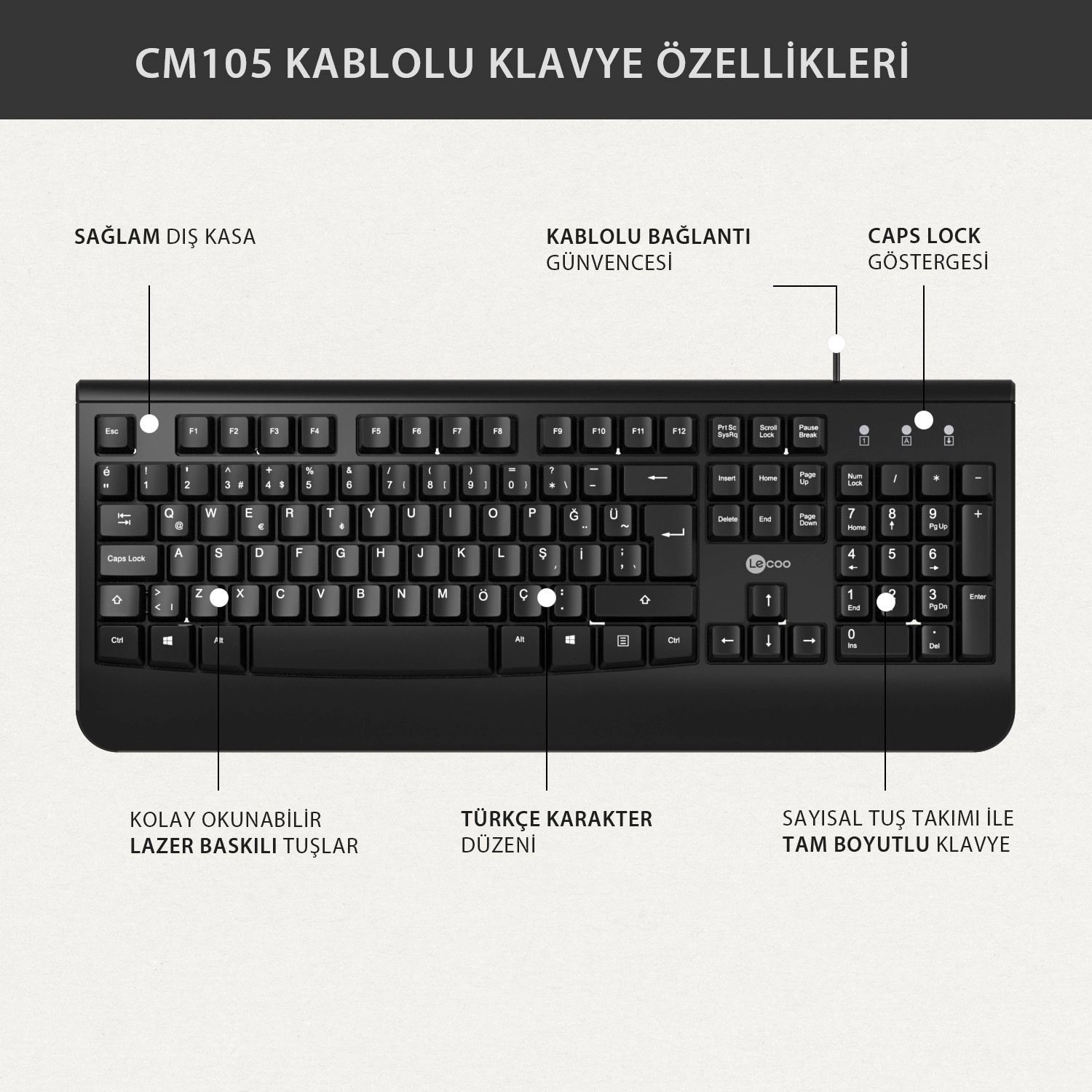 Lecoo Cm105 Usb Kablolu Türkçe Q Klavye & Mouse Set Siyah - Görsel 6