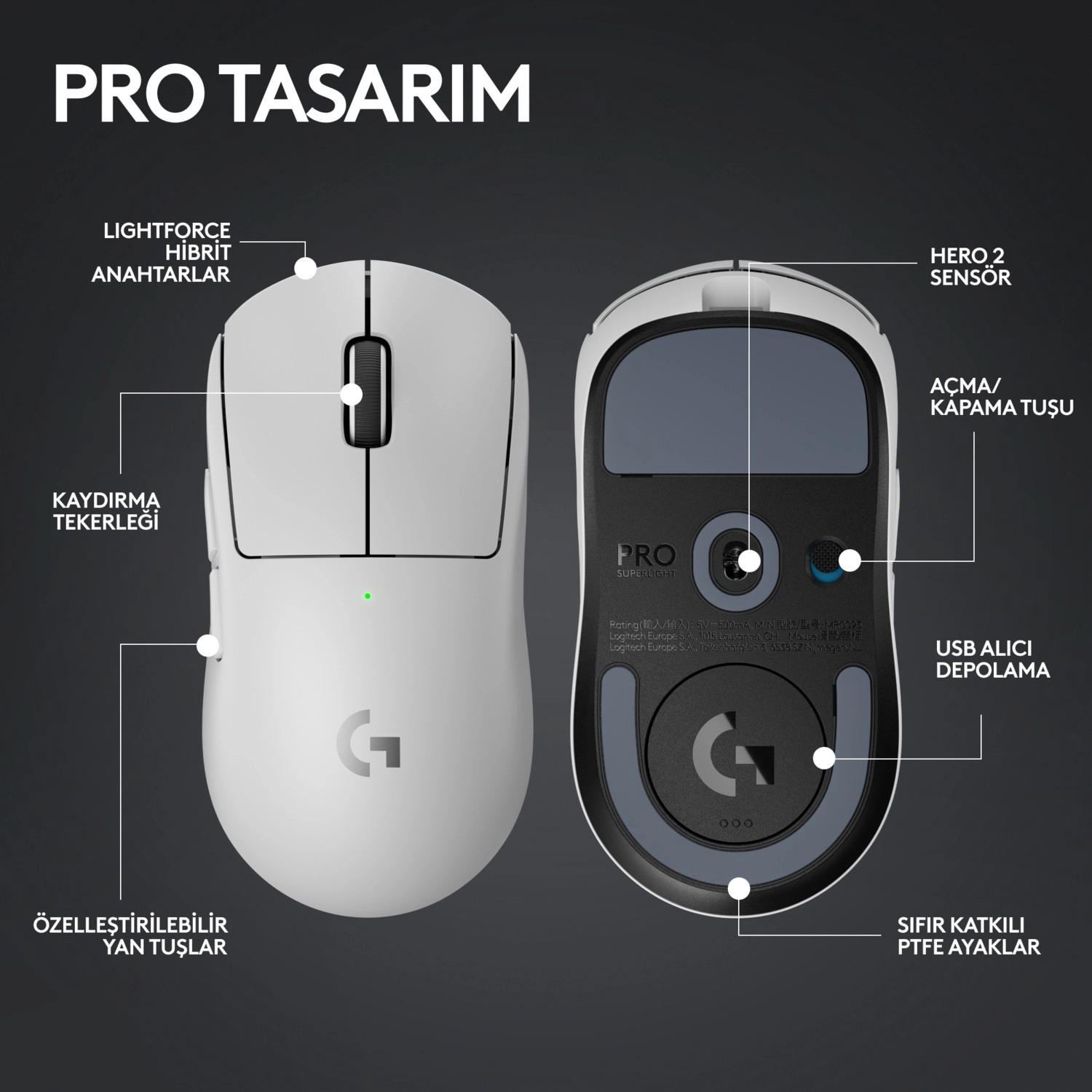 Logitech G Pro X Superlight 2 Hafif Hero 2 Sensör 32.000 Dpi Lightspeed Kablosuz Oyuncu Mouse - Beyaz - Görsel 8