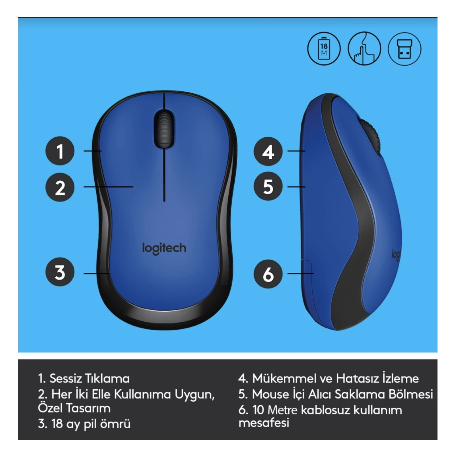 Logitech M220 Sessiz Kompakt Kablosuz Mouse - Mavi - Görsel 6