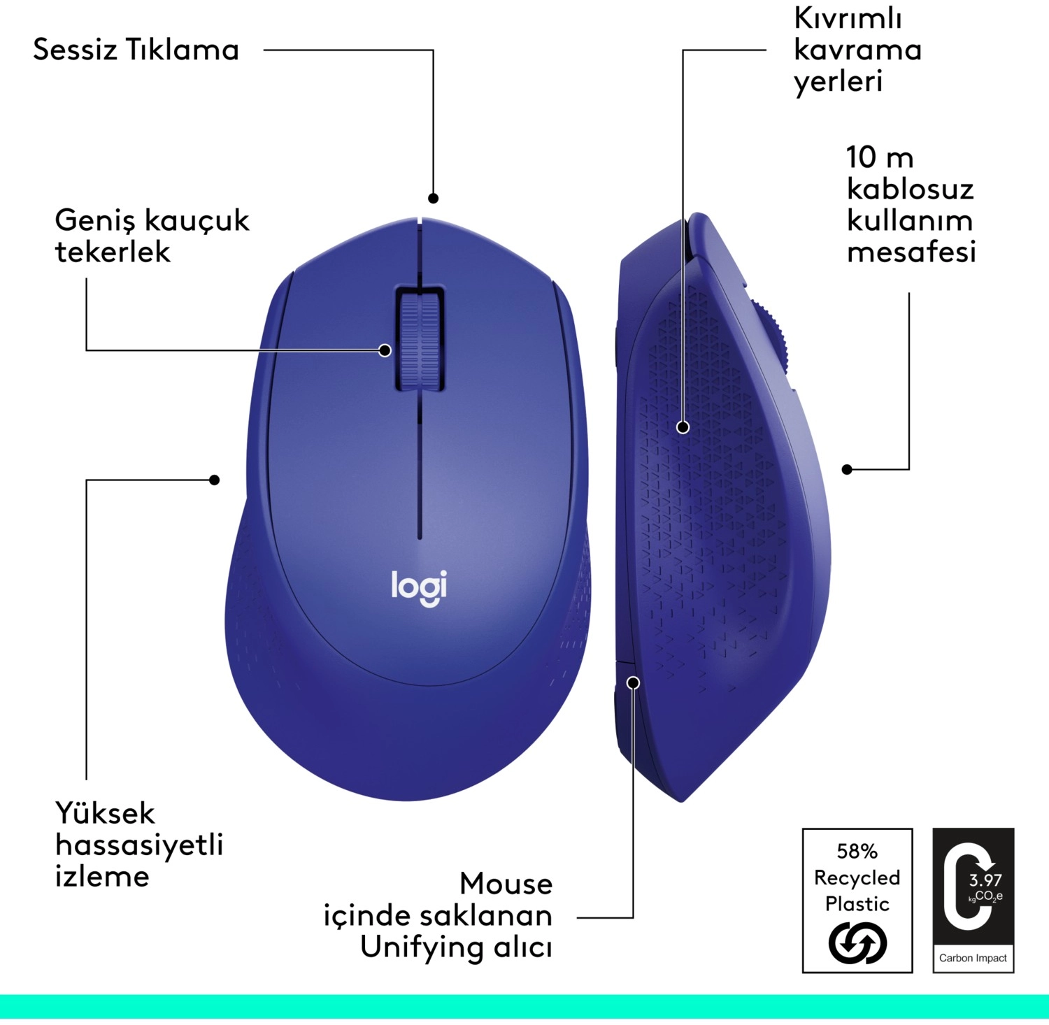 Logitech M330 Sessiz Kablosuz Optik Mouse - Mavi - Görsel 6