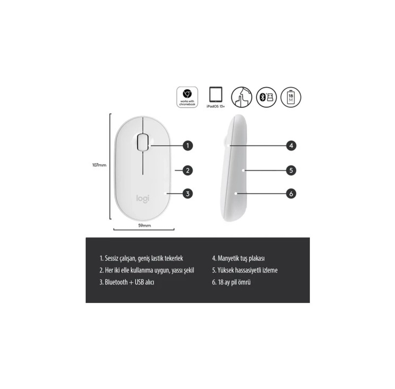 Logitech M350 Pebble Sessiz Kablosuz Kompakt Mouse – Beyaz - Görsel 6