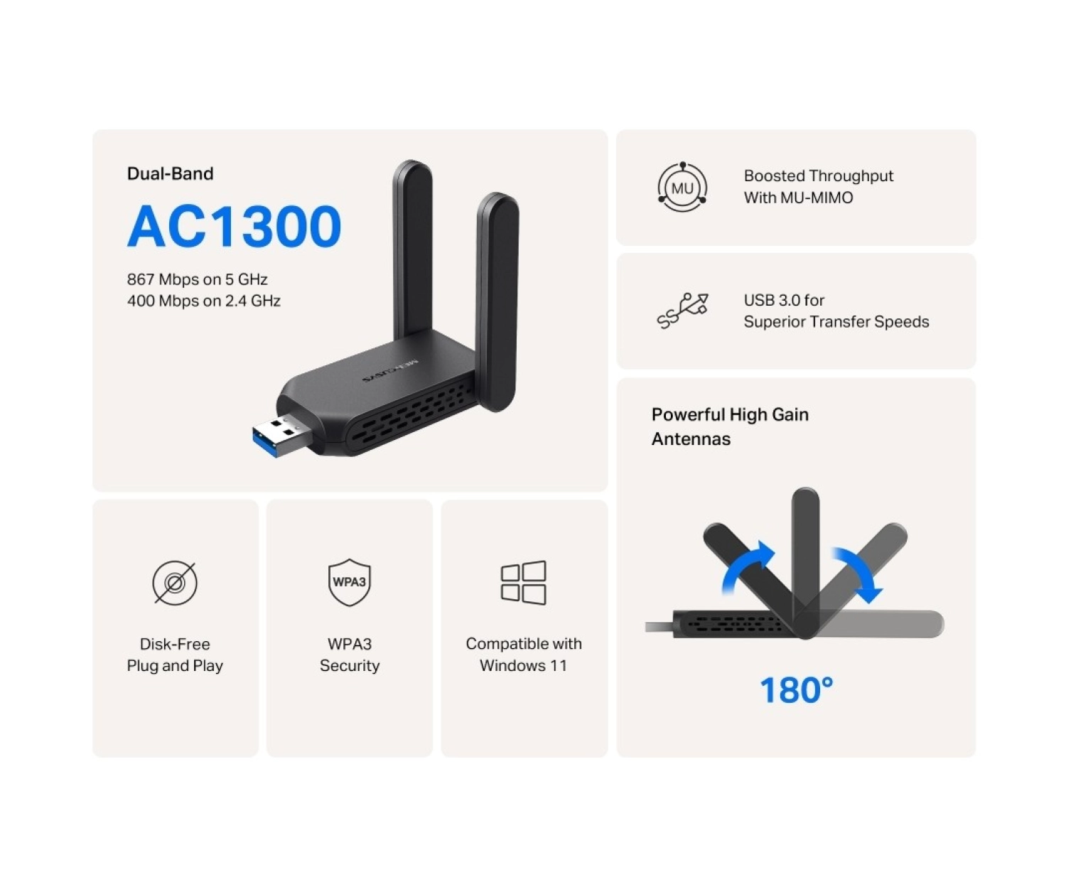 Mercusys Ma32H, Ac1300 Mbps, Çift Bant, Usb 3.0, Yüksek Çekim Güçlü Wi-Fi 5 Usb Adaptör - Görsel 6
