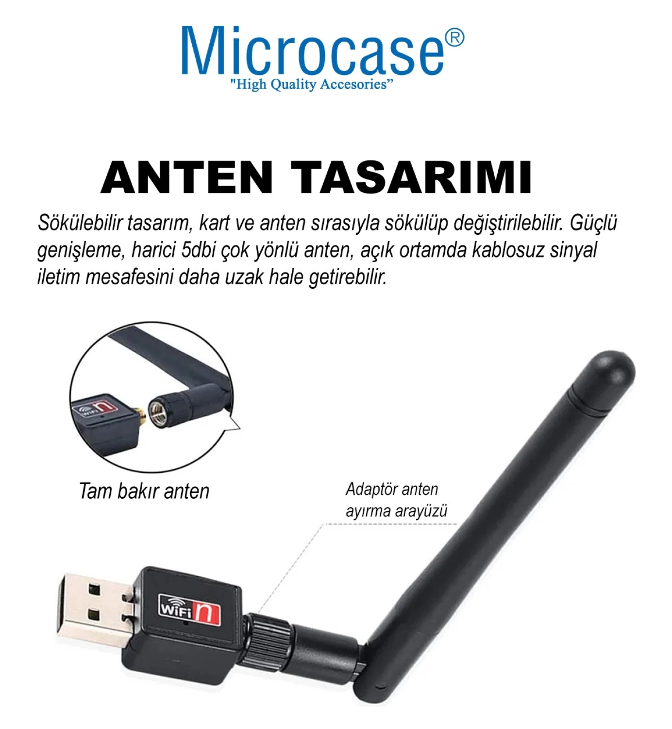 Microcase 2.4Ghz 300 Mbps Usb Wireless Adaptör Wifi Anten 15.5 Cm - Al4221 - Görsel 3