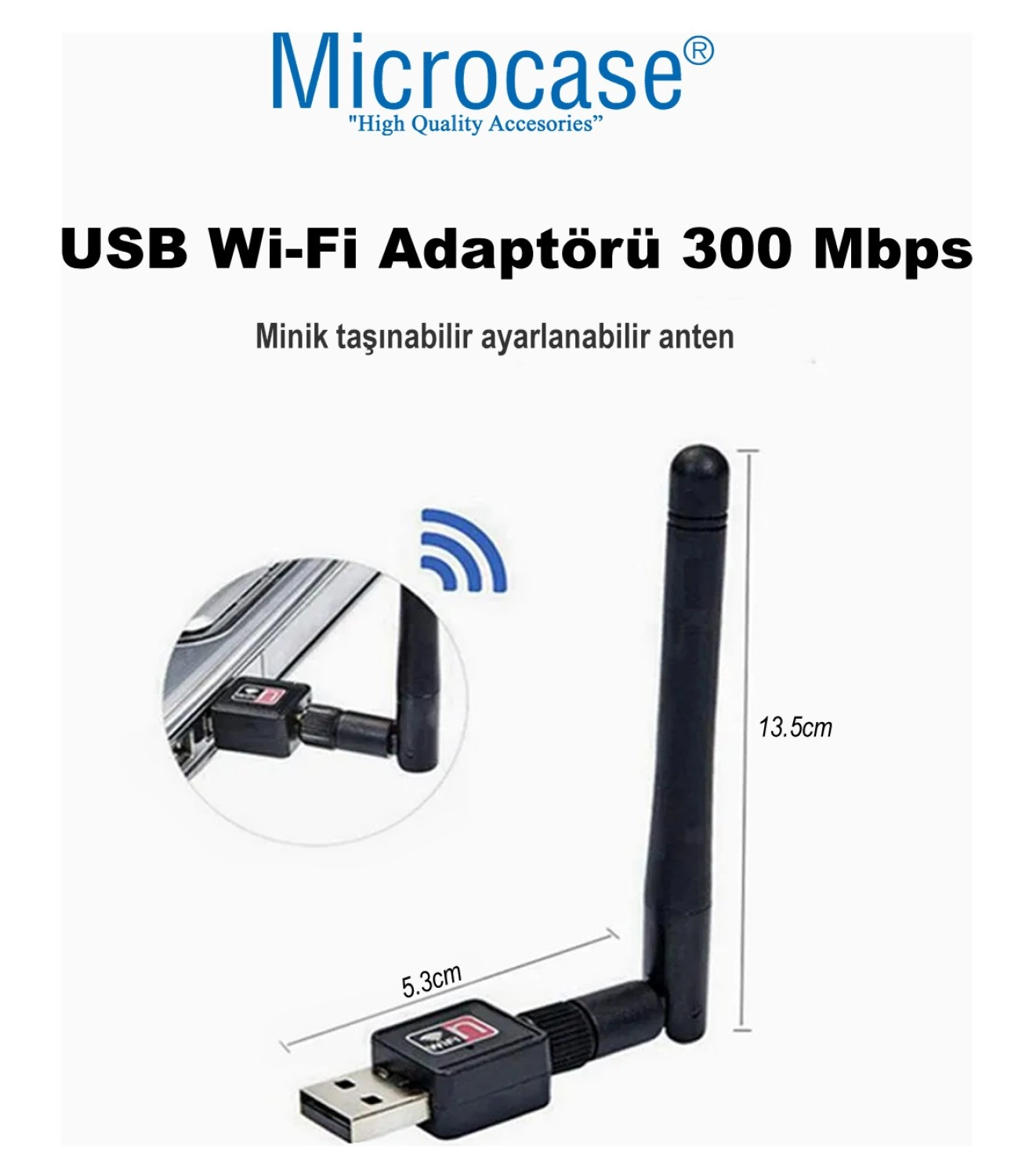 Microcase 2.4Ghz 300 Mbps Usb Wireless Adaptör Wifi Anten 15.5 Cm - Al4221 - Görsel 2