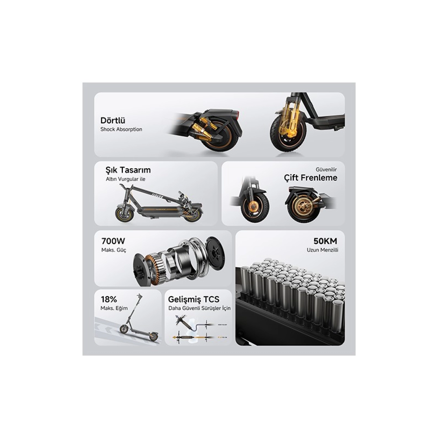 Navee Gt3 Elektrikli Scooter - 700W Güç - 50 Km Menzil - %18 Eğim Perf. - 25 Km Hız-Tcs - Çift Süspansiyon - Görsel 4