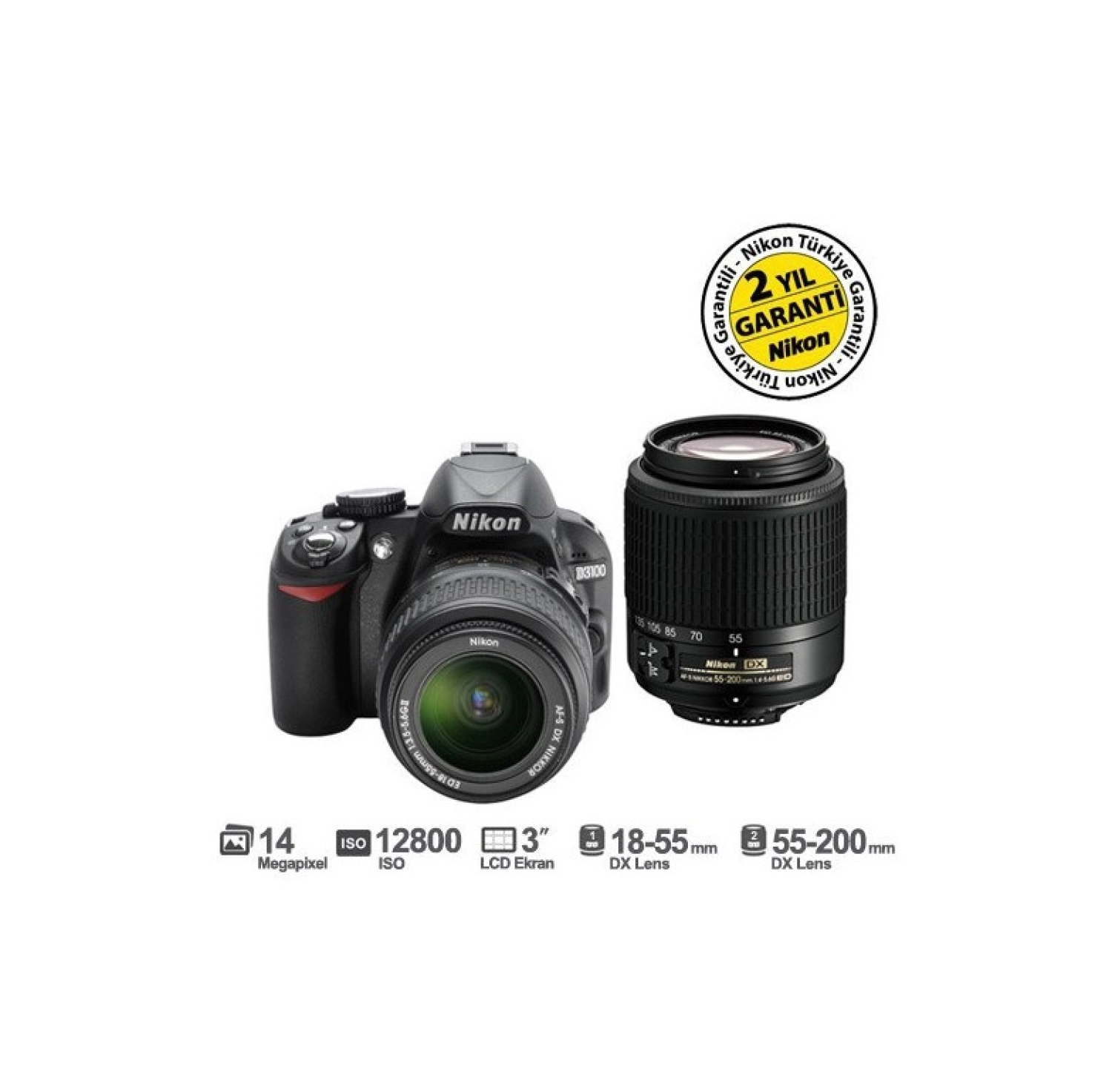 Nikon D3100 18-55Mm Dx + 55-200Mm Dx Kit 14.2 Mp 3" Lcd Dijital Slr Fotoğraf Makinesi ürün görseli