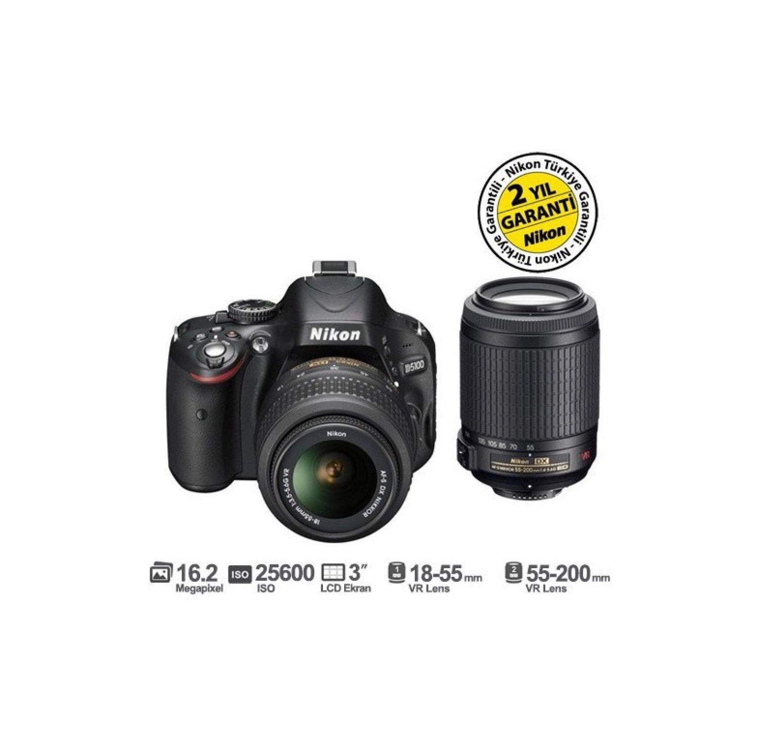Nikon D5100 18-55 Vr + 55-200 Vr 16.2 Mp 3" Lcd Dijital Slr Fotoğraf Makinesi ürün görseli