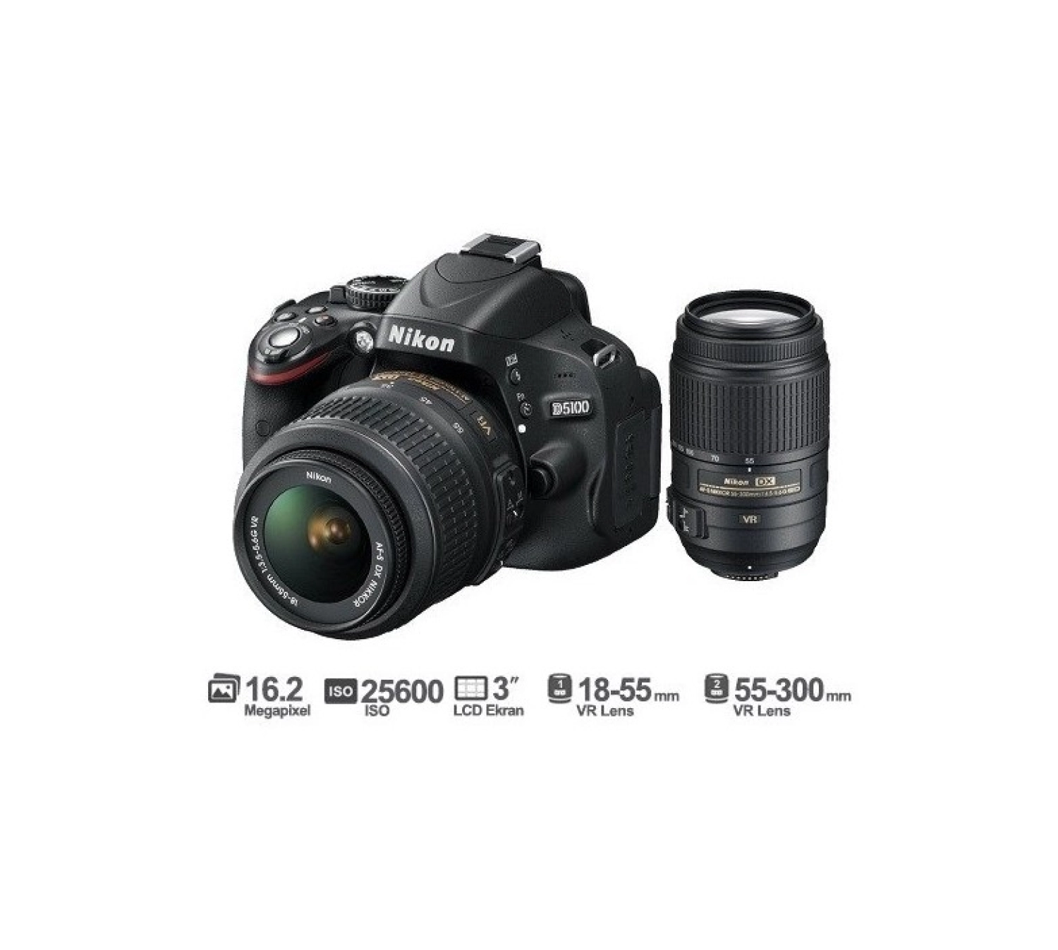 Nikon D5100 18-55 Vr + 55-200 Vr 16.2 Mp 3" Lcd Dijital Slr Fotoğraf Makinesi - Görsel 2