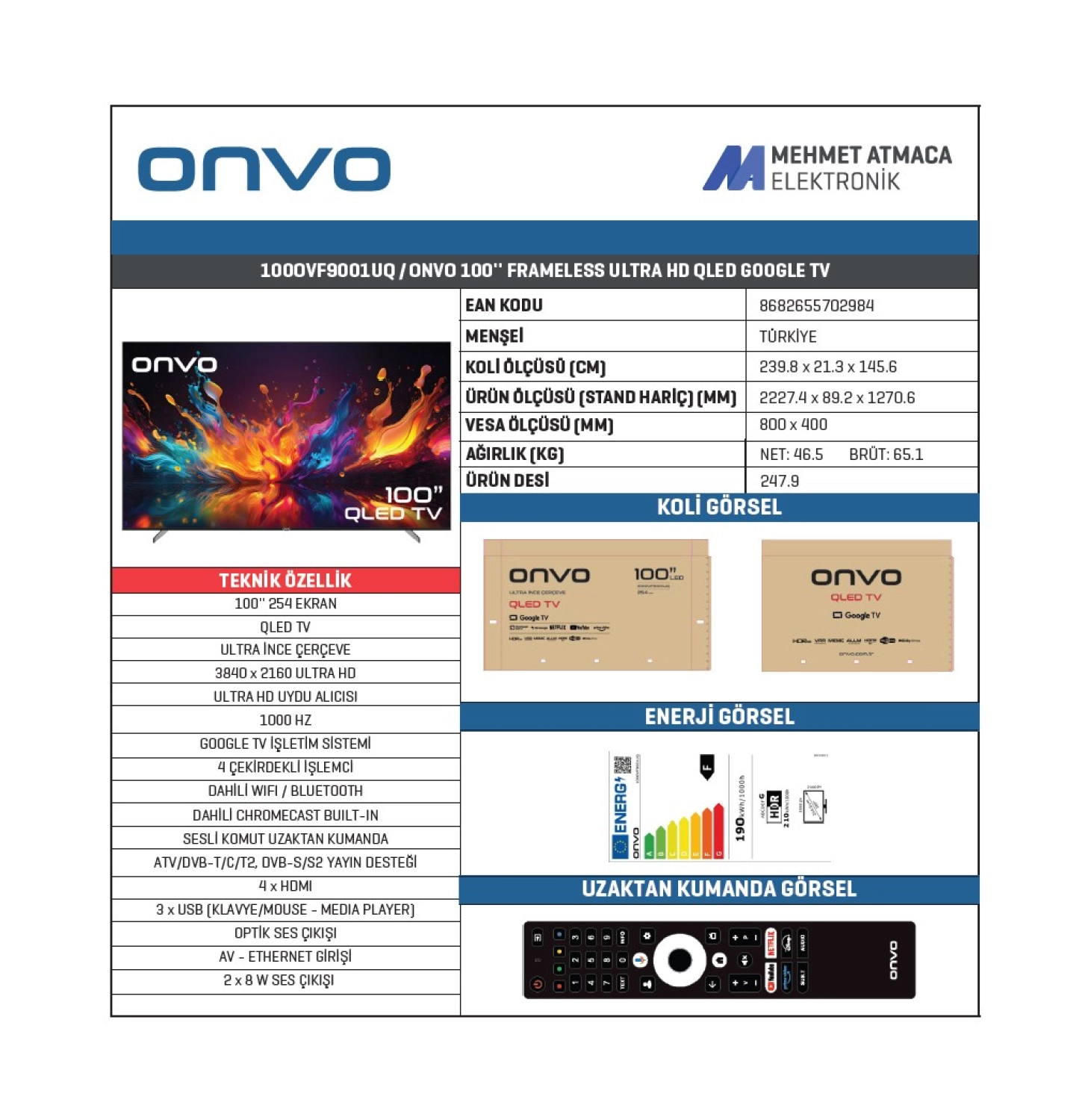 Onvo 100Ovf9001Uq 4K Ultra Hd 100" 254 Ekran Uydu Alıcısı Google Smart Qled Tv - Görsel 2