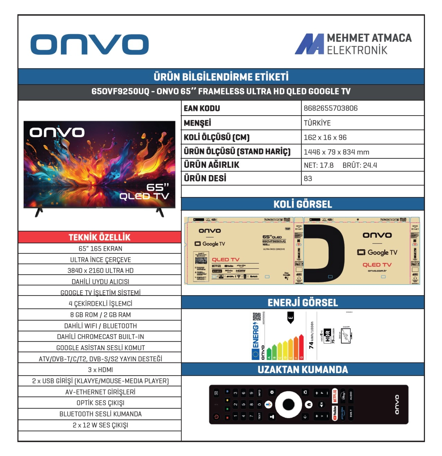 Onvo 65Ovf9250Uq 65" 165 Ekran Uydu Alıcılı 4K Ultra Hd Google Smart Qled Tv - Görsel 3