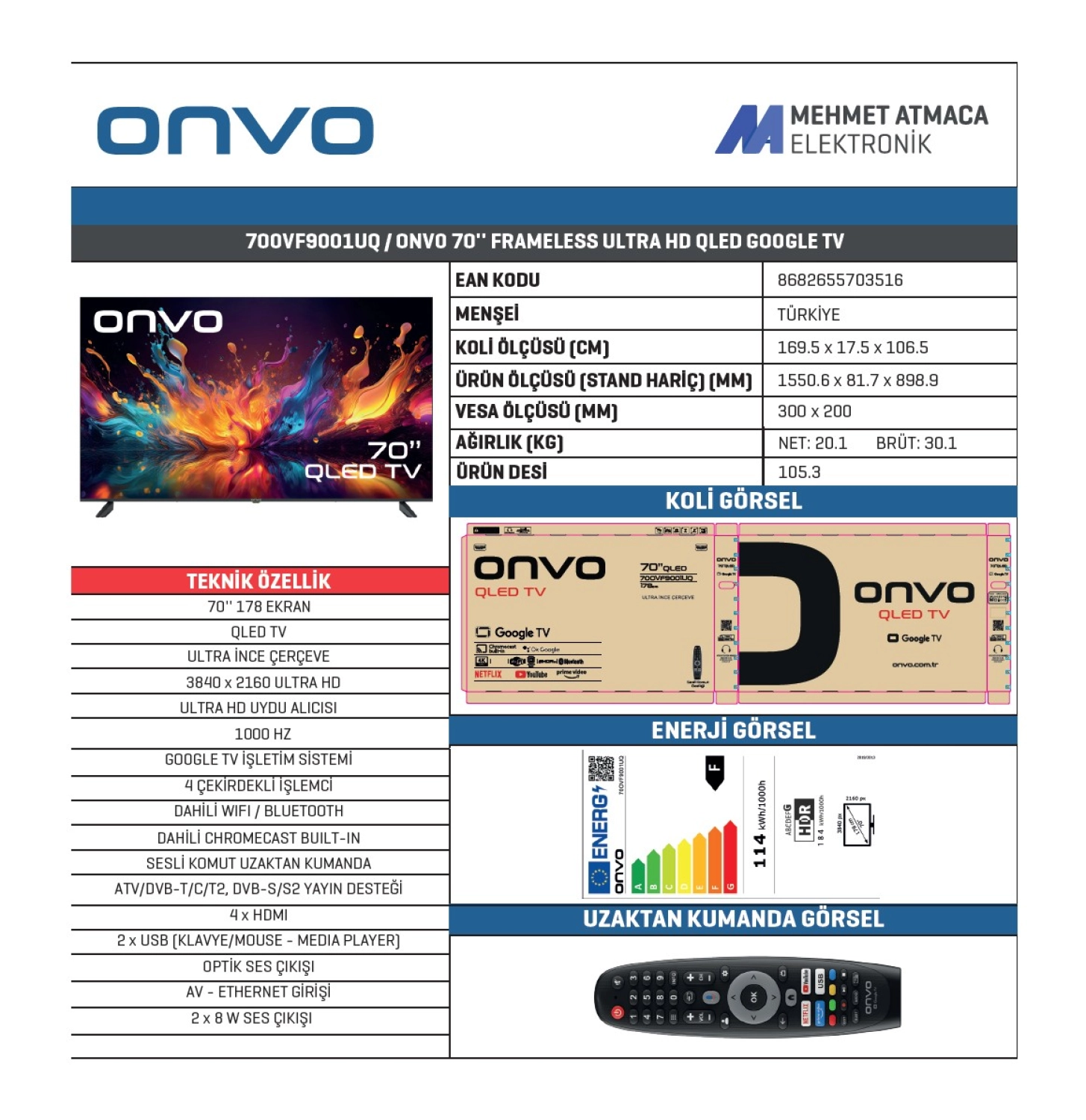 Onvo 70Ovf9001Uq 70" 178 Ekran Uydu Alıcılı 4K Ultra Hd Google Smart Qled Tv - Görsel 2