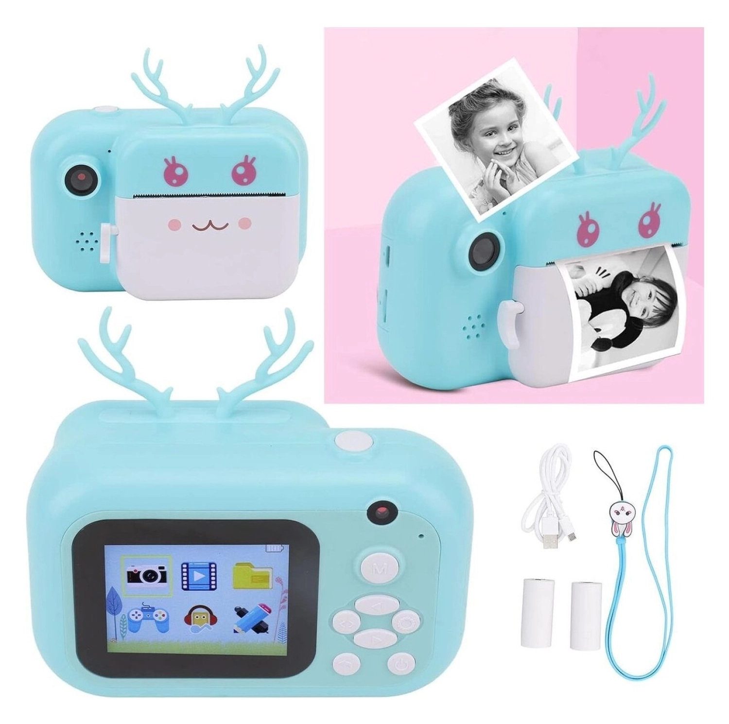 Pazariz Anlık Termal Yazıcılı Dijital Çocuk Kamerası Geyikli 2.4 Inç Hd Photo Printer Camera Pembe ürün görseli
