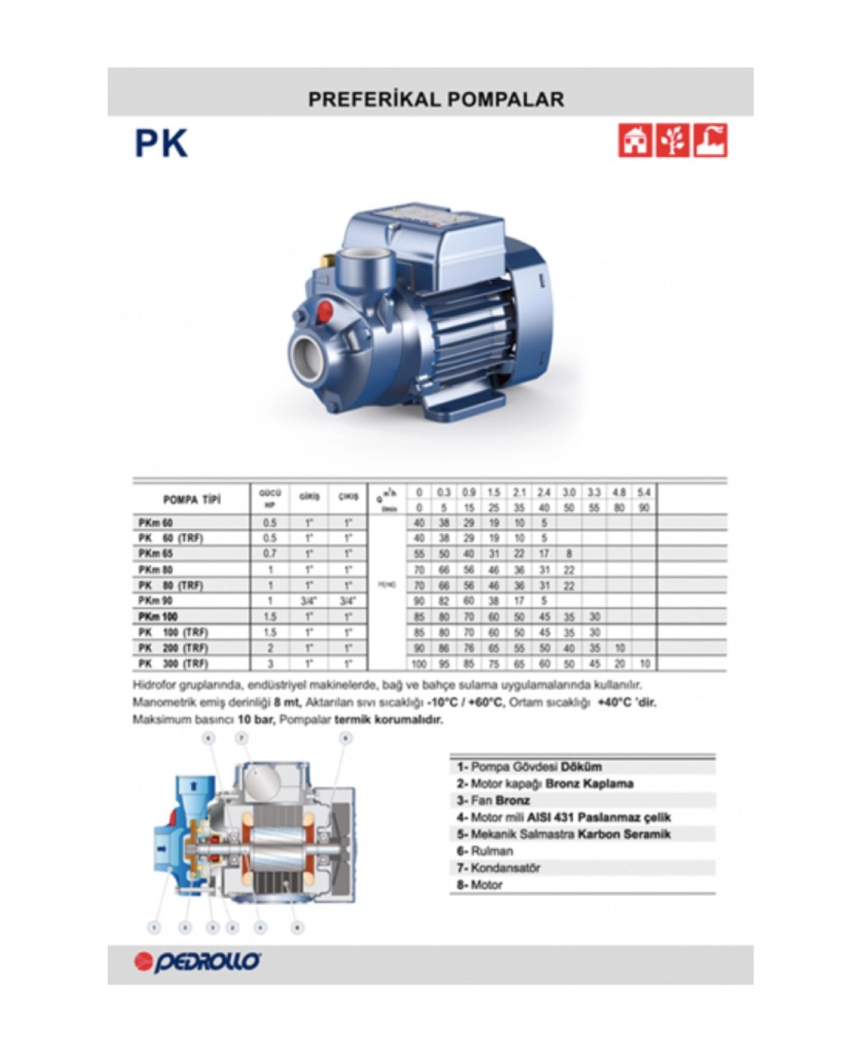 Pedrollo Pkm60 0.5 Hp 220V Monofaze Preferikal Pompa - Görsel 2